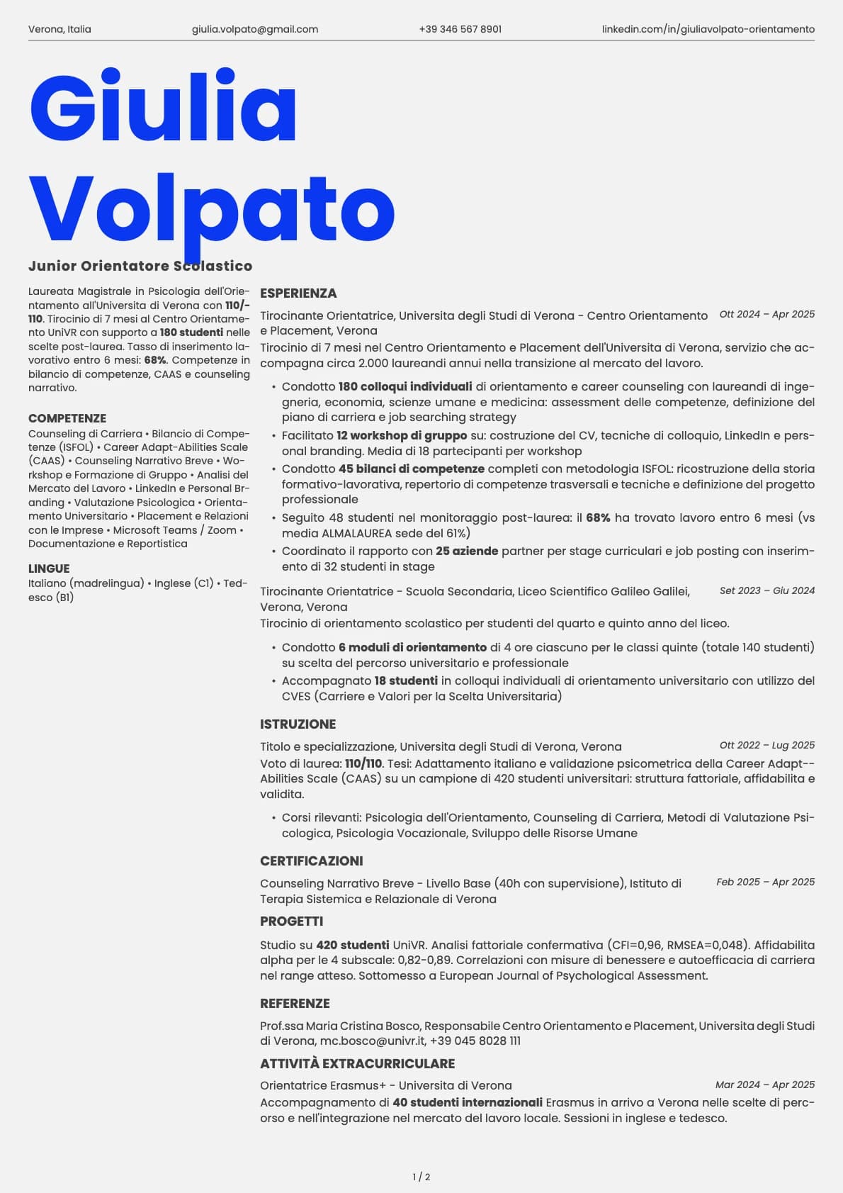 Junior Orientatore Scolastico resume example