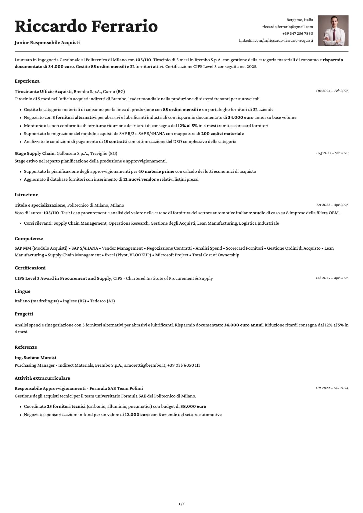 Junior Responsabile Acquisti resume example