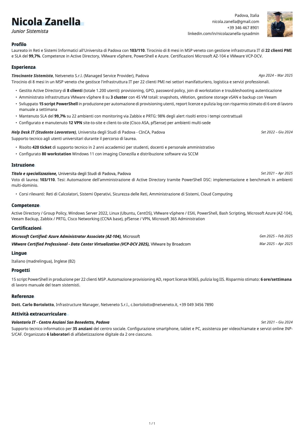 Junior Sistemista resume example
