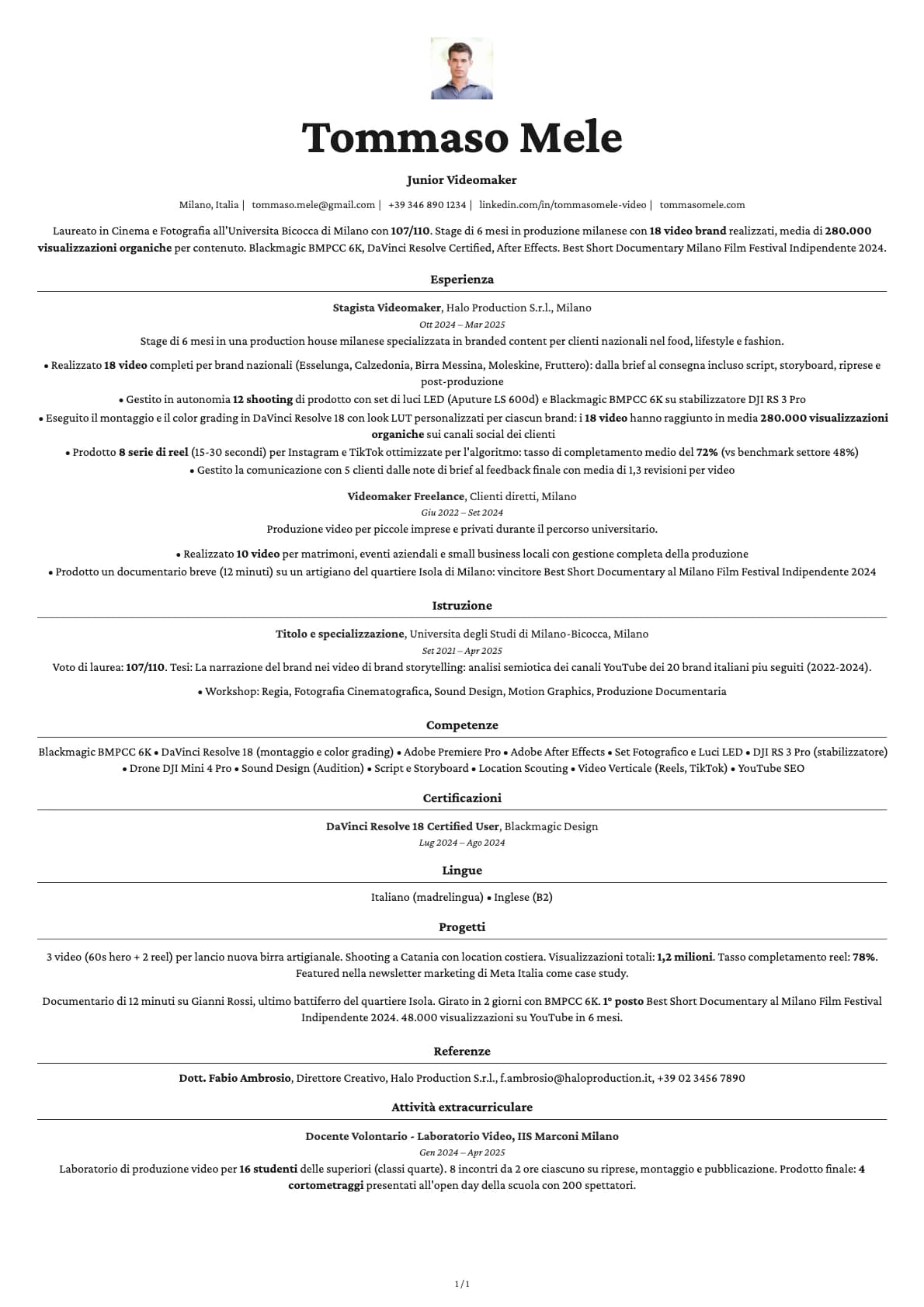 Junior Videomaker resume example