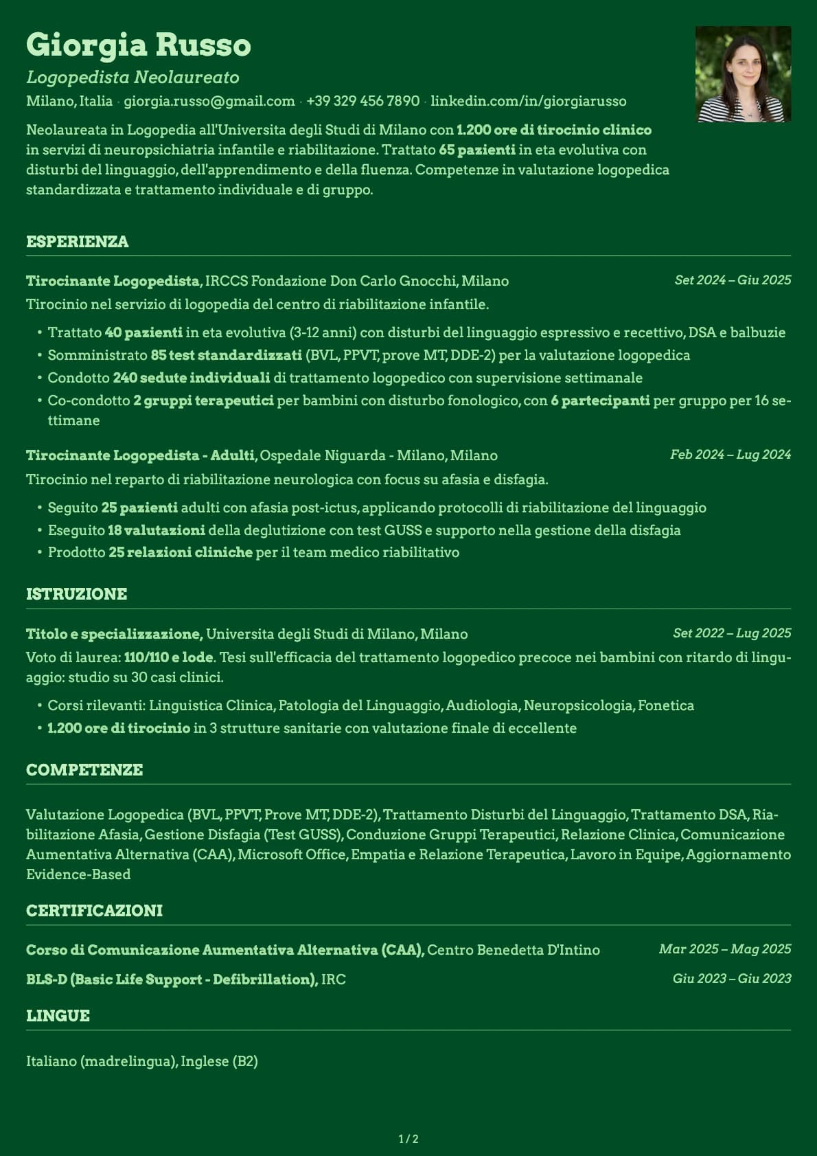Logopedista Neolaureato resume example