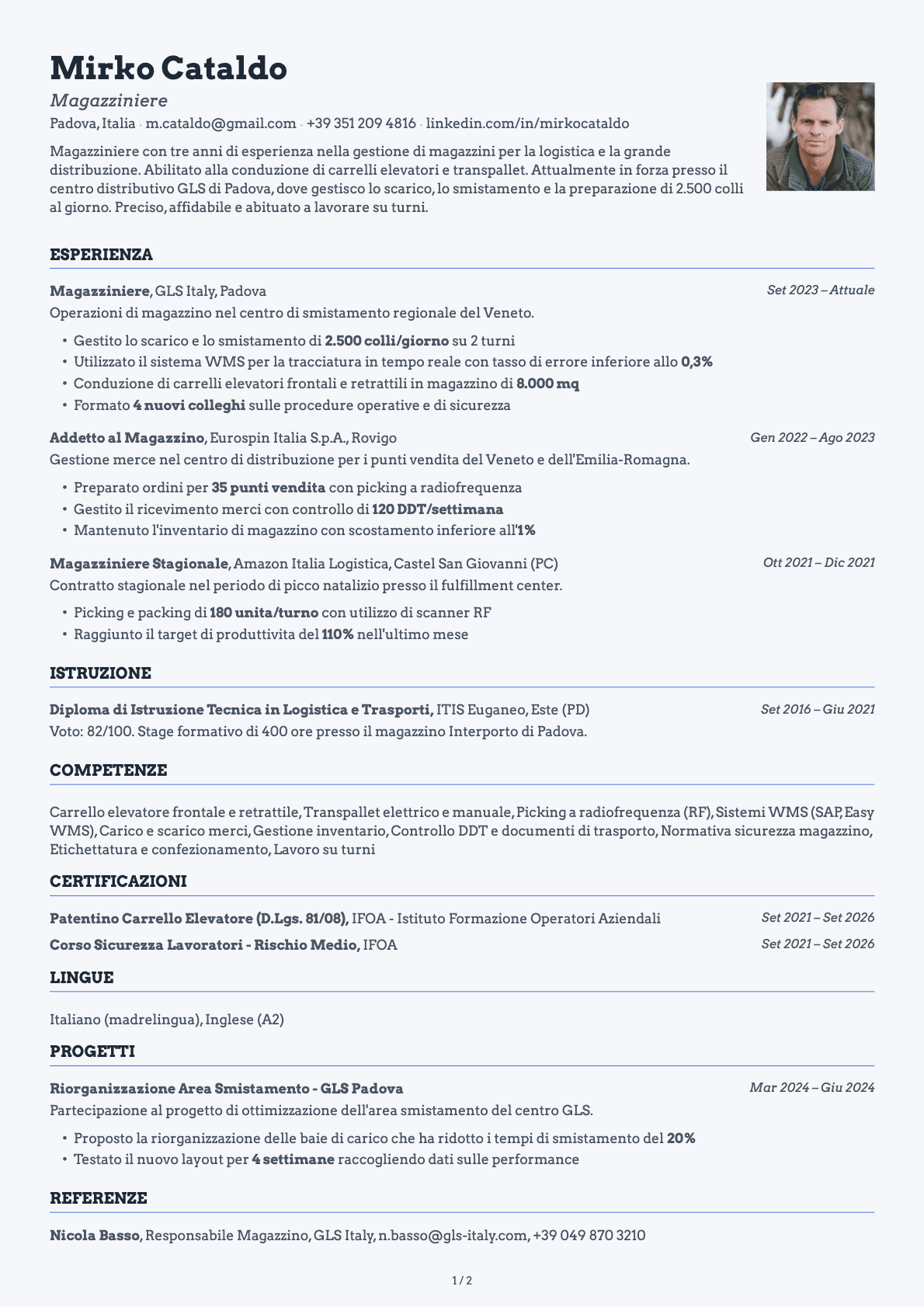 Magazziniere resume example