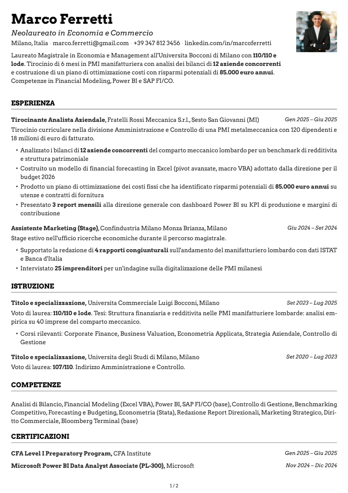 Neolaureato in Economia e Commercio resume example
