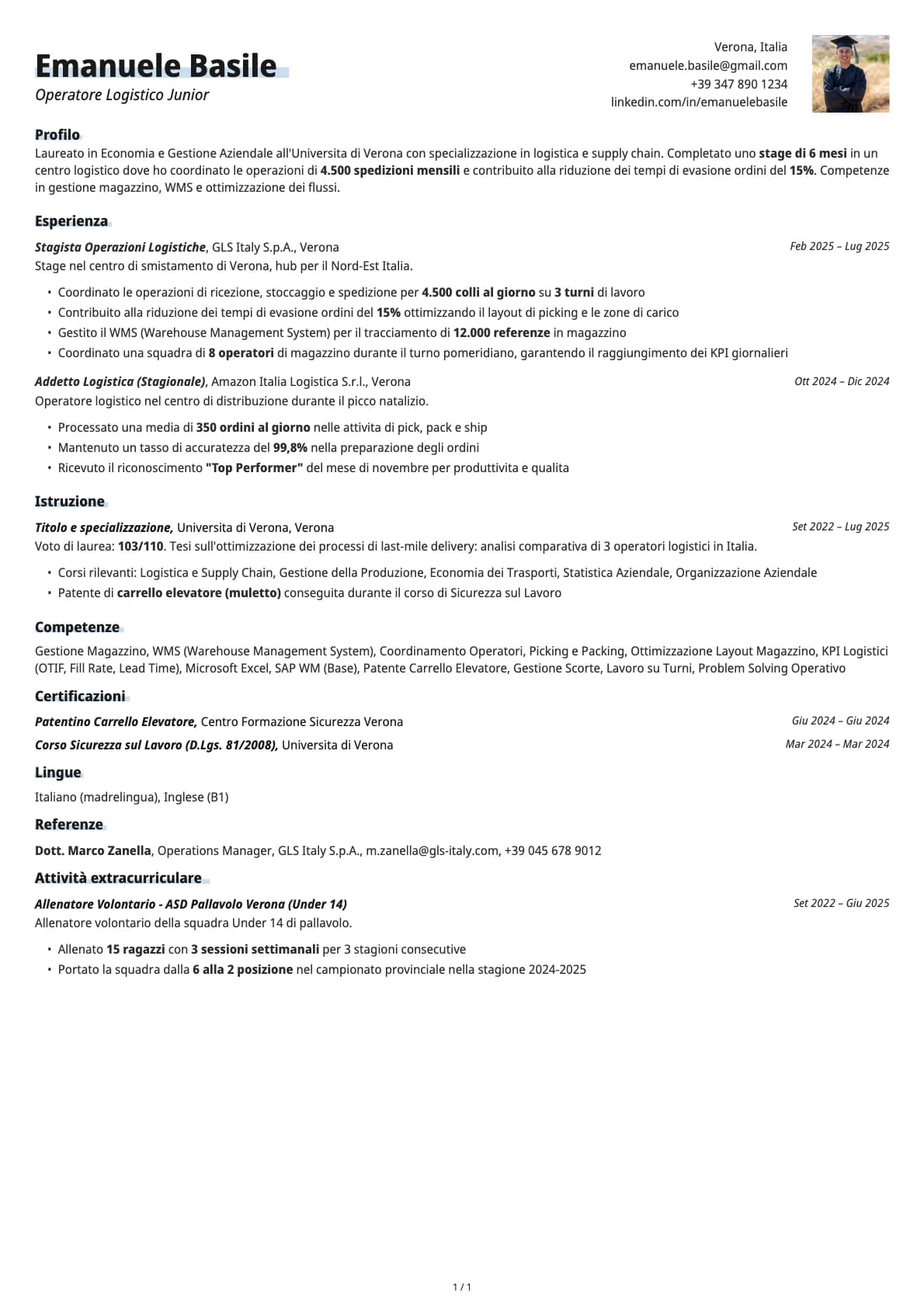 Operatore Logistico Junior resume example