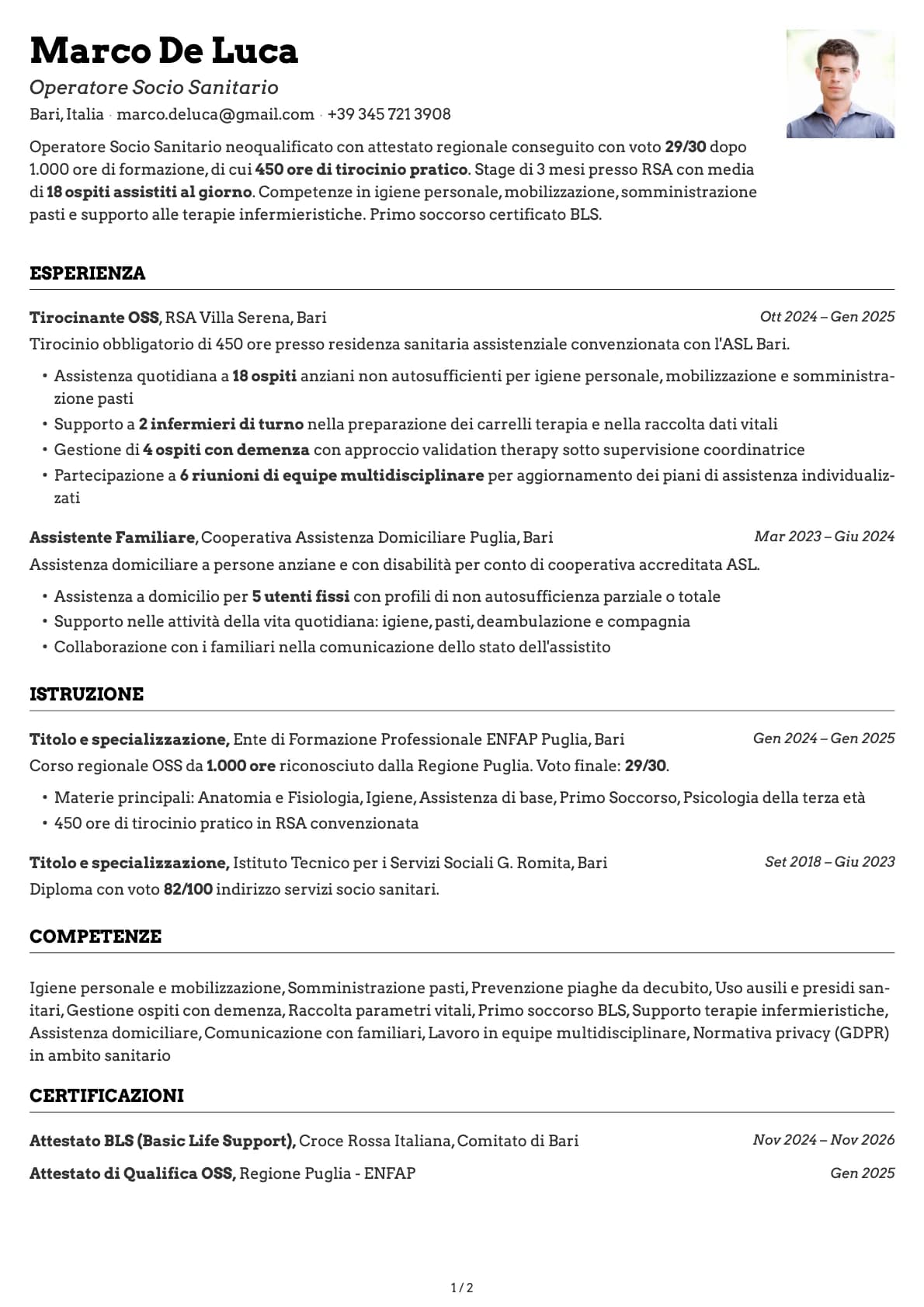 Operatore Socio Sanitario resume example