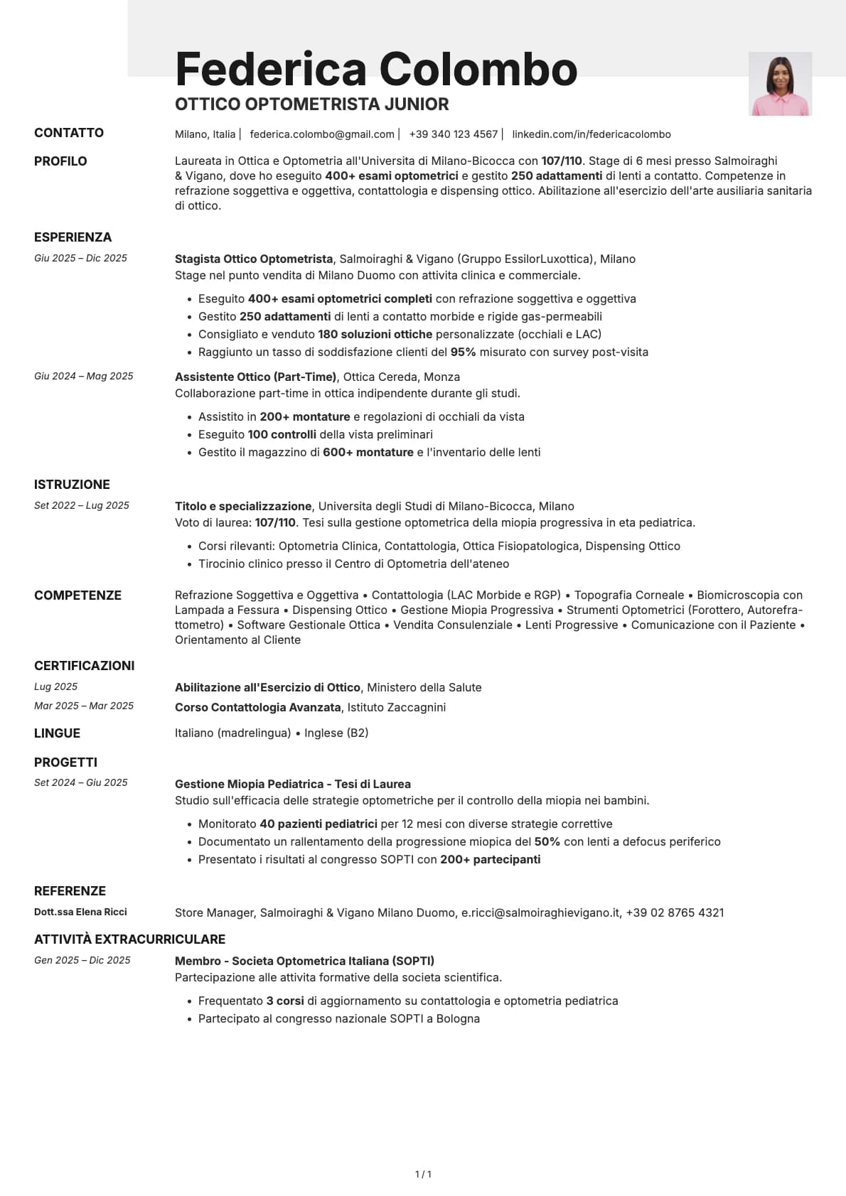Ottico Optometrista Junior resume example