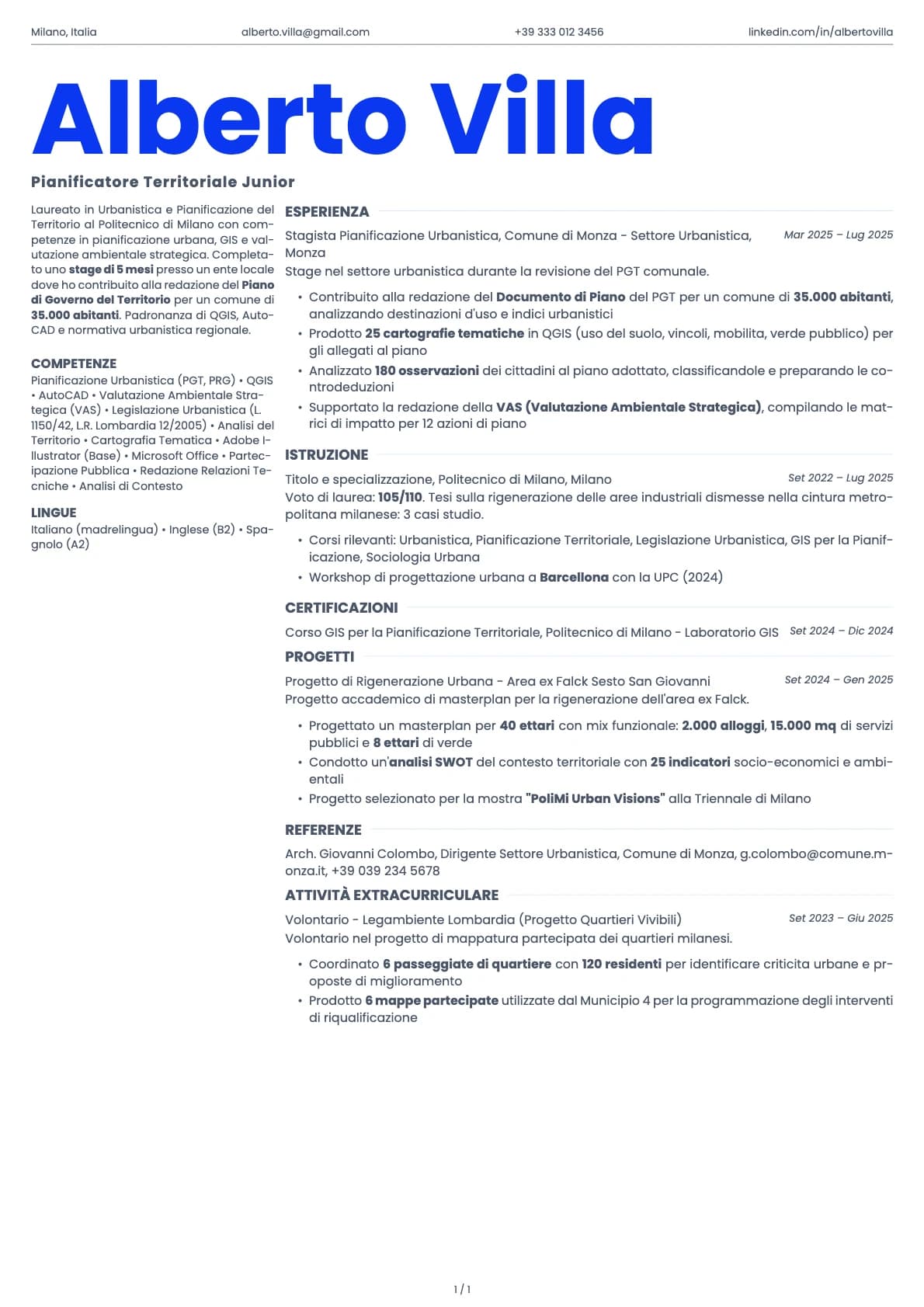 Pianificatore Territoriale Junior resume example