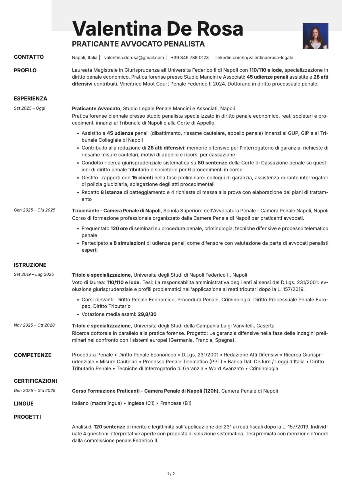 Praticante Avvocato Penalista resume example