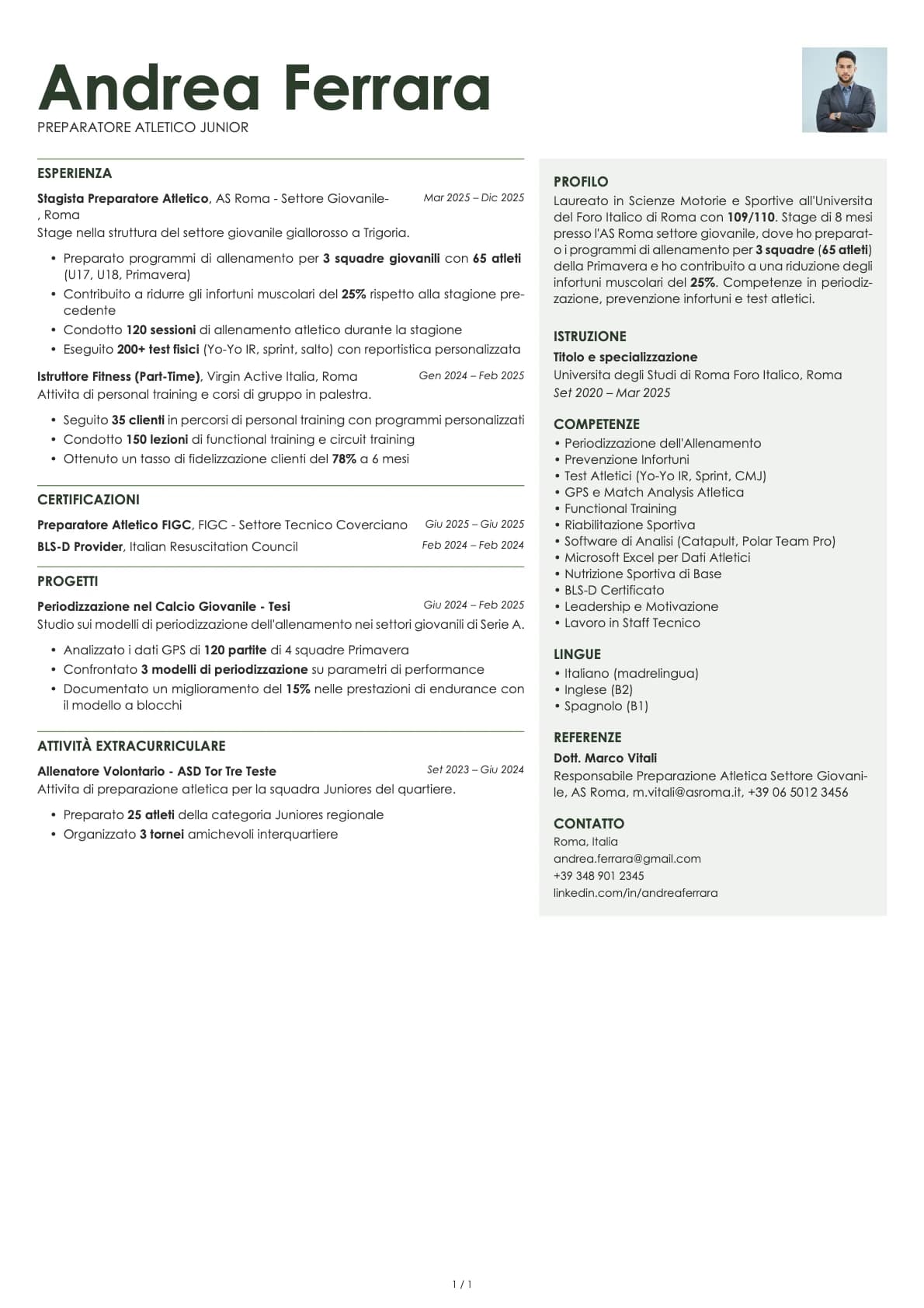 Preparatore Atletico Junior resume example