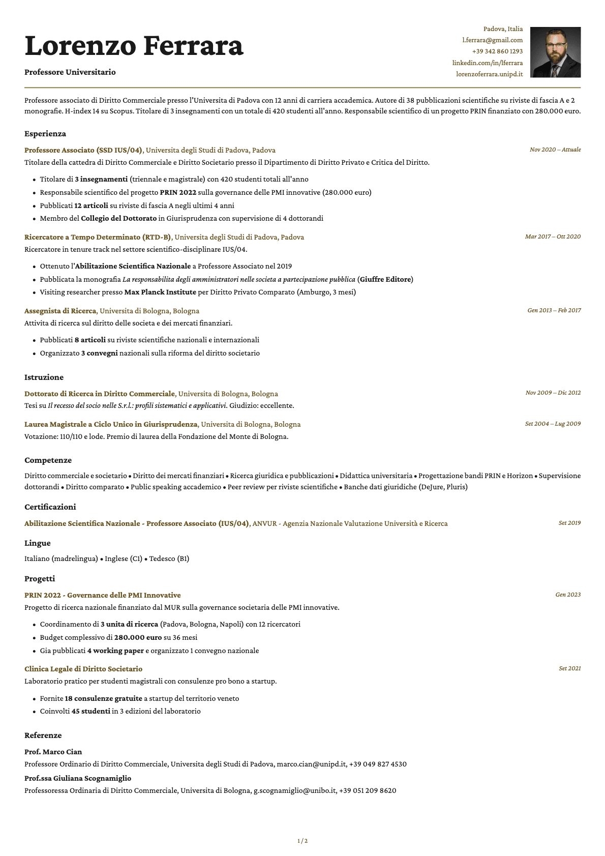 Professore Universitario resume example