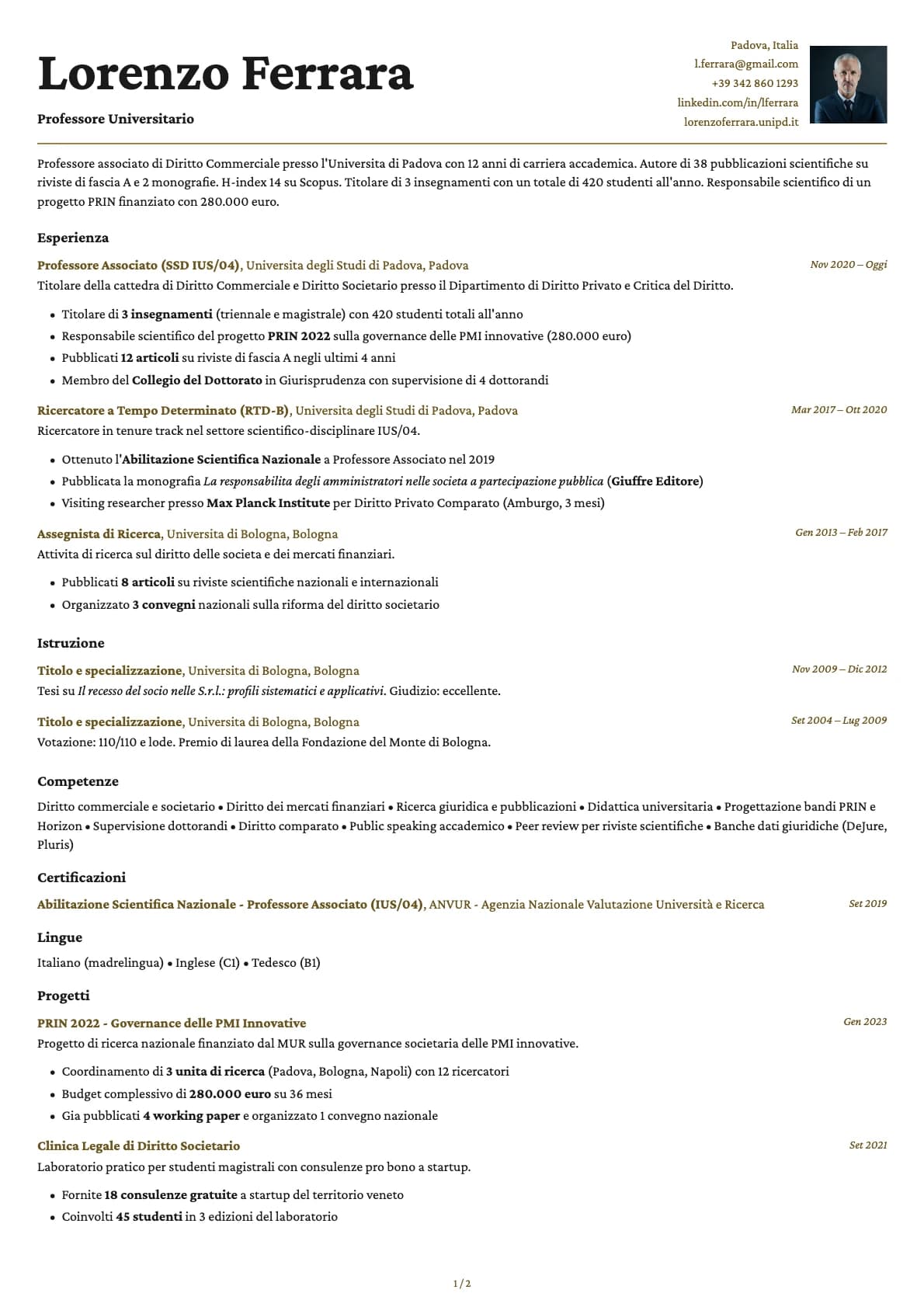 Professore Universitario resume example