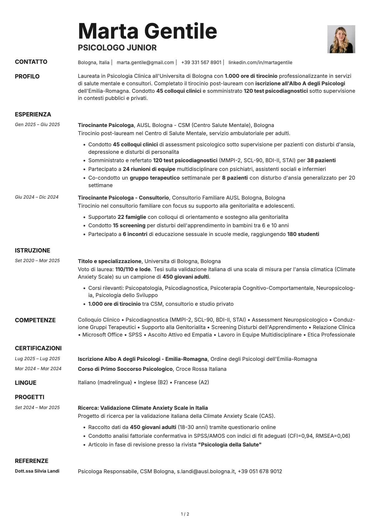 Psicologo Junior resume example
