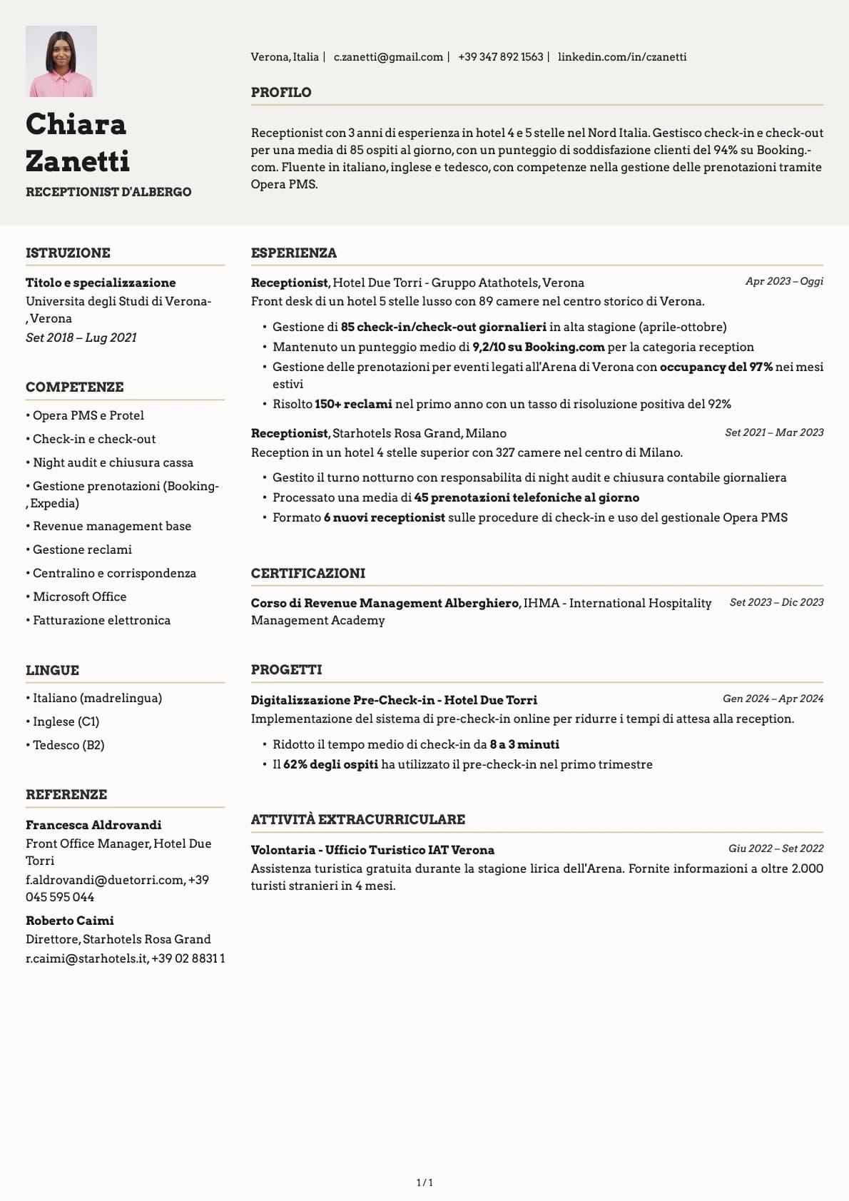 Receptionist d'Albergo resume example