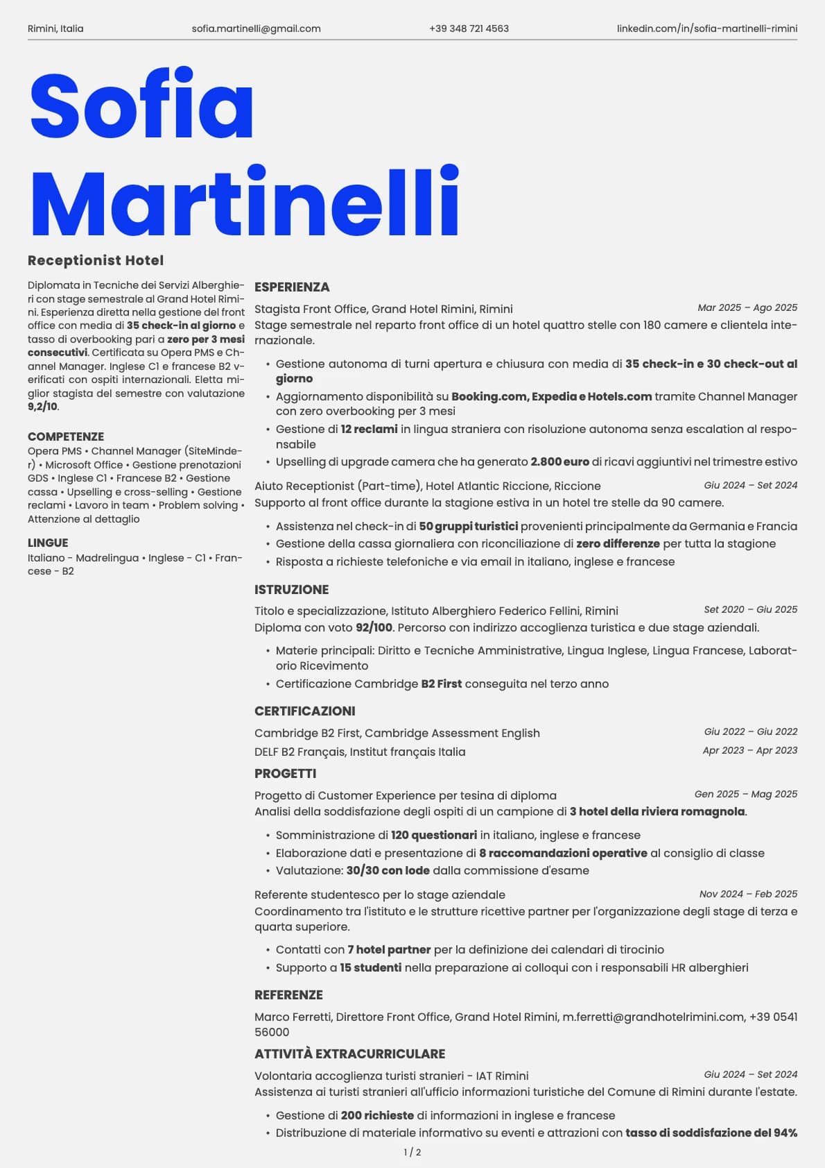 Receptionist Hotel Junior resume example