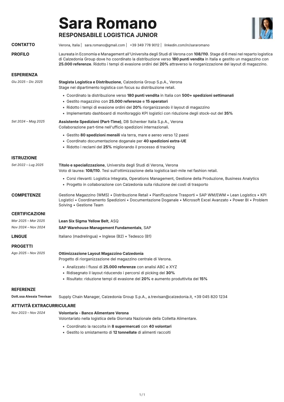 Responsabile Logistica Junior resume example