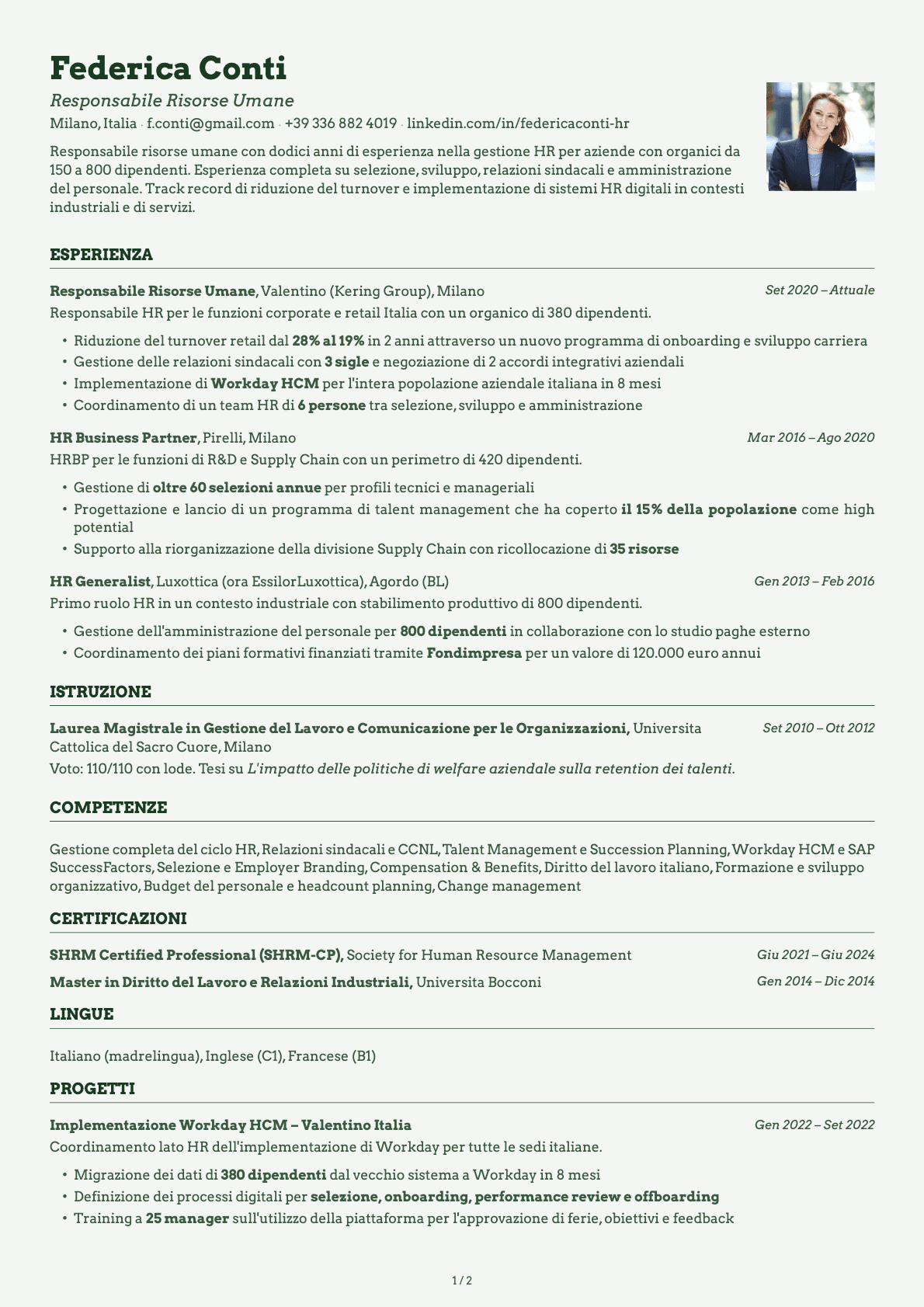 Responsabile Risorse Umane resume example
