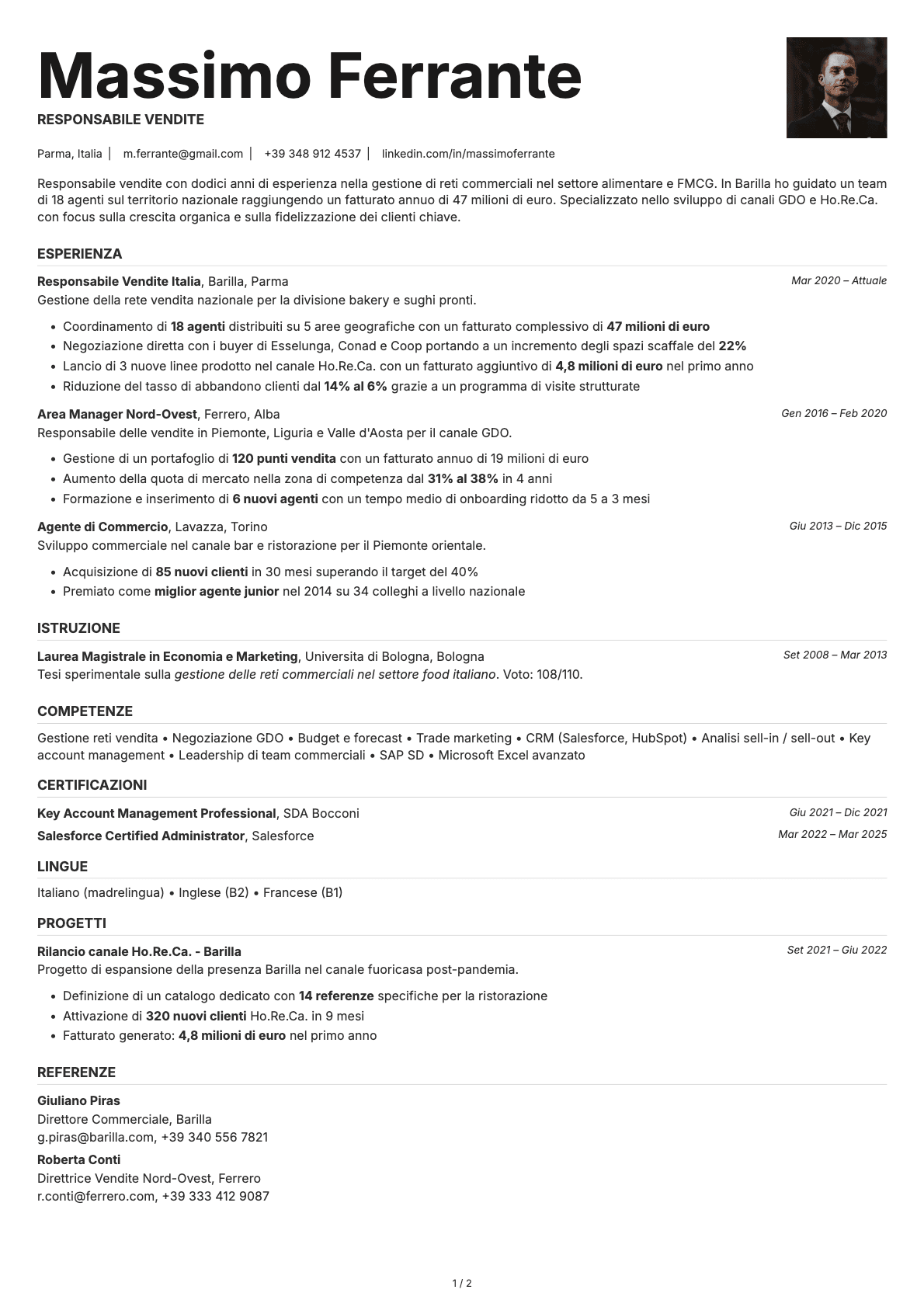 Responsabile Vendite resume example