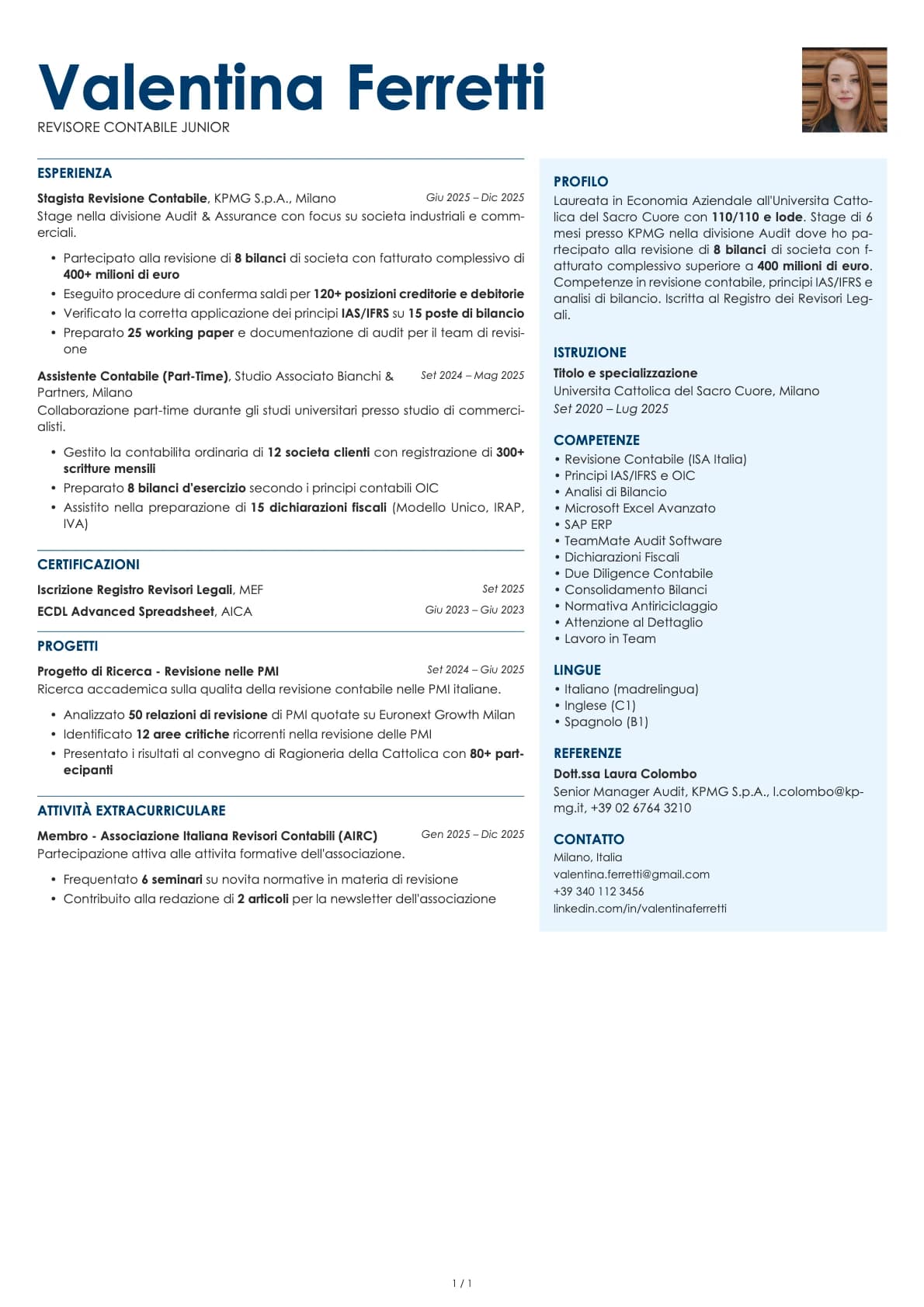 Revisore Contabile Junior resume example
