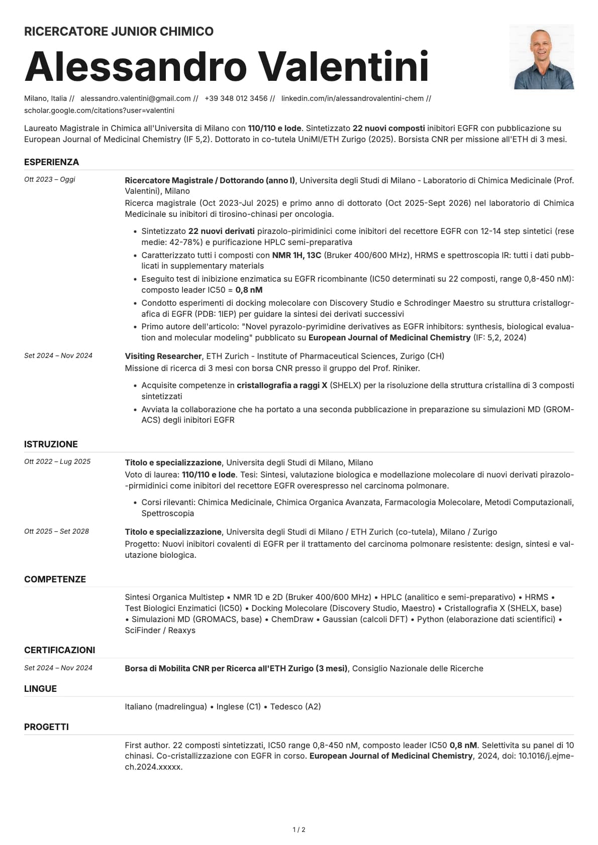 Ricercatore Junior Chimico resume example
