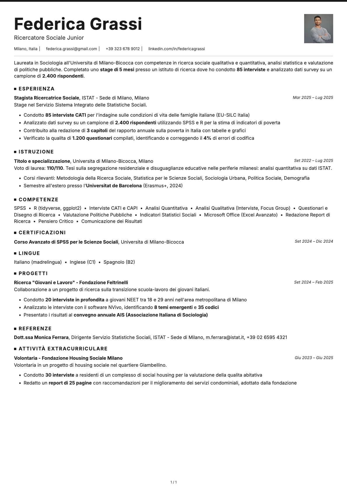 Ricercatore Sociale Junior resume example