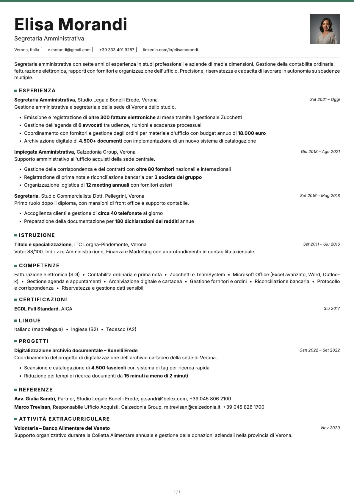 Segretaria Amministrativa resume example