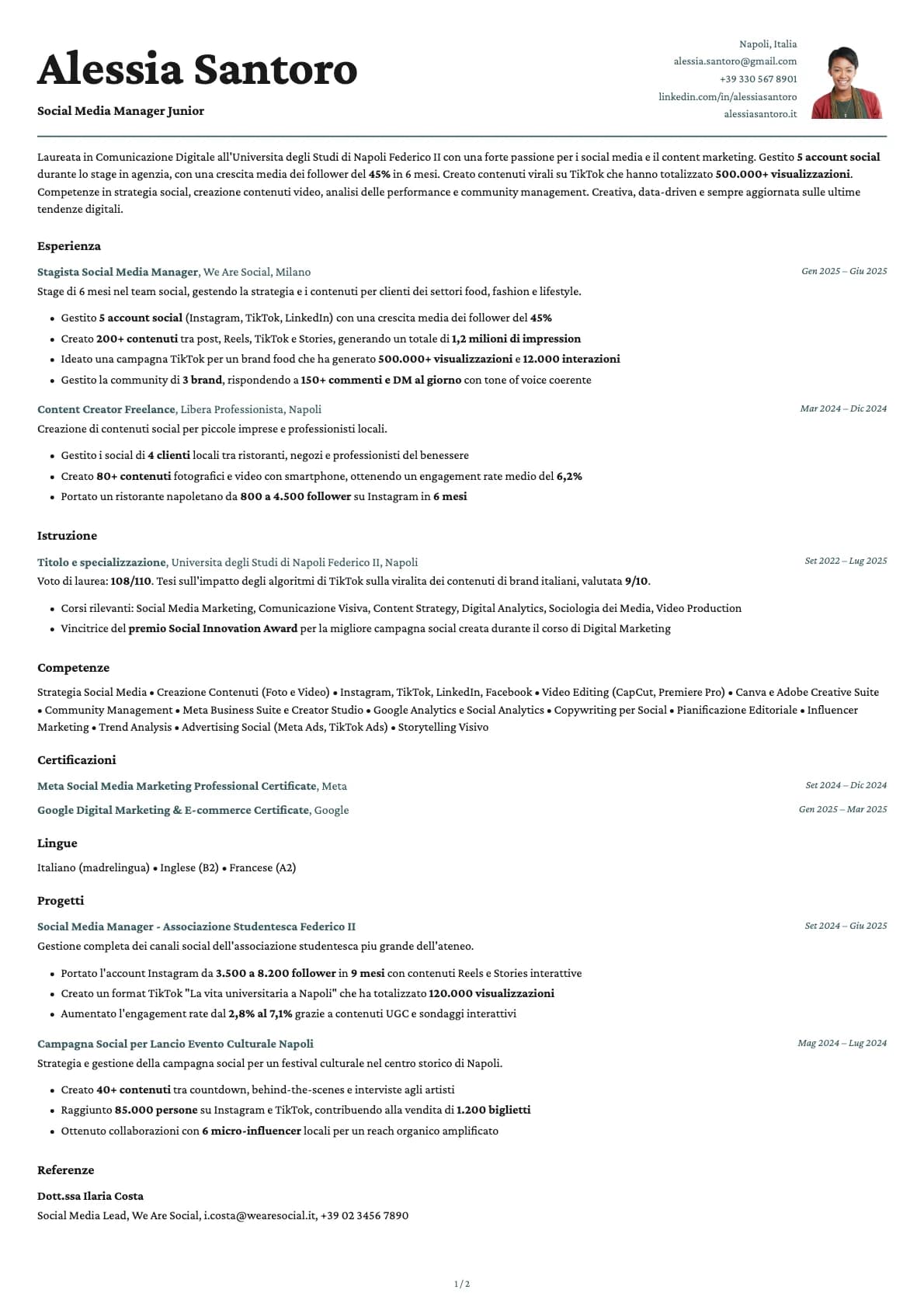 Social Media Manager Junior resume example