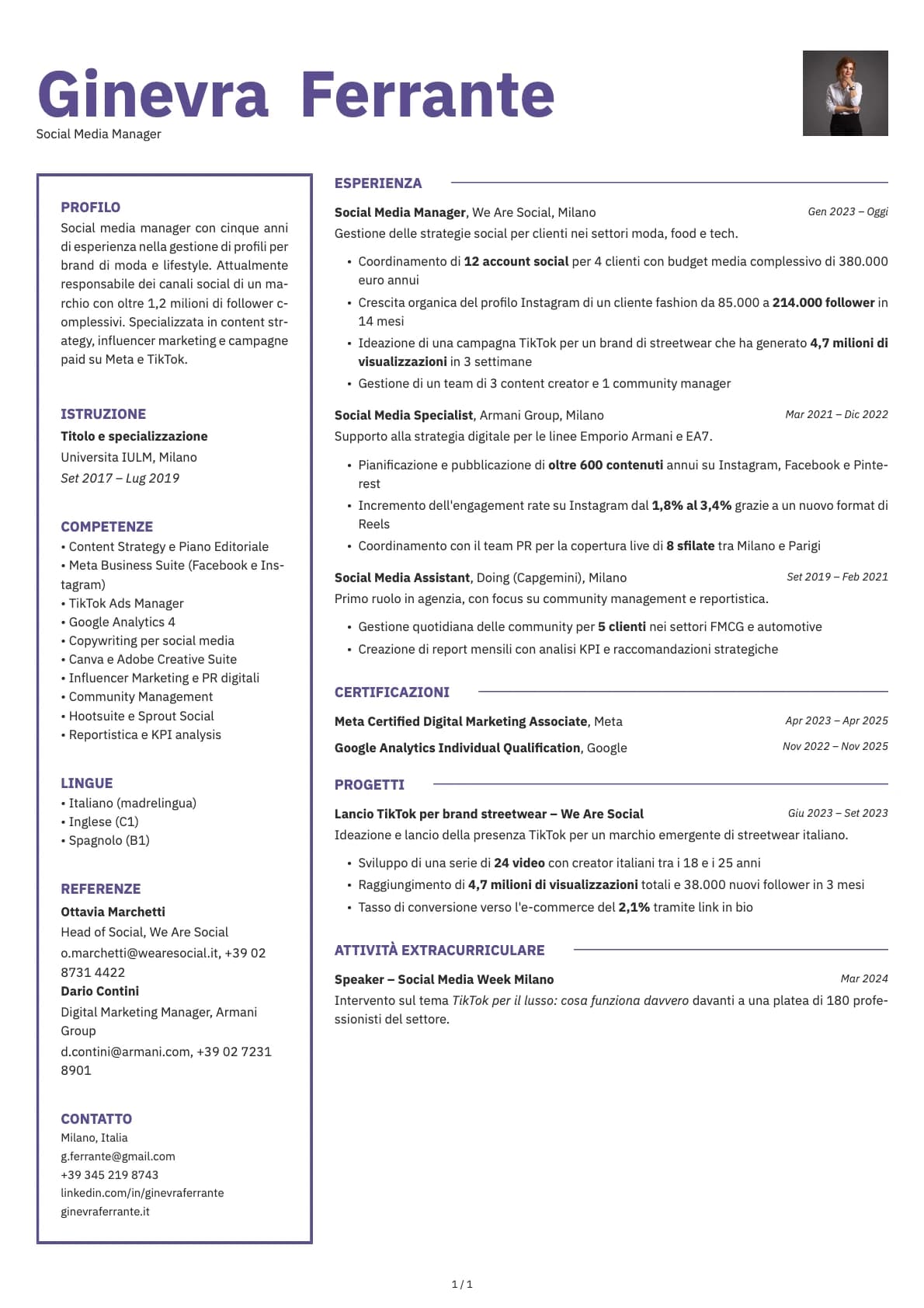 Responsabile social media resume example