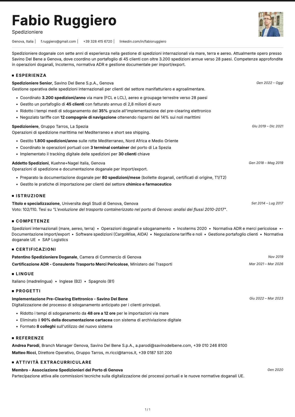 Spedizioniere resume example