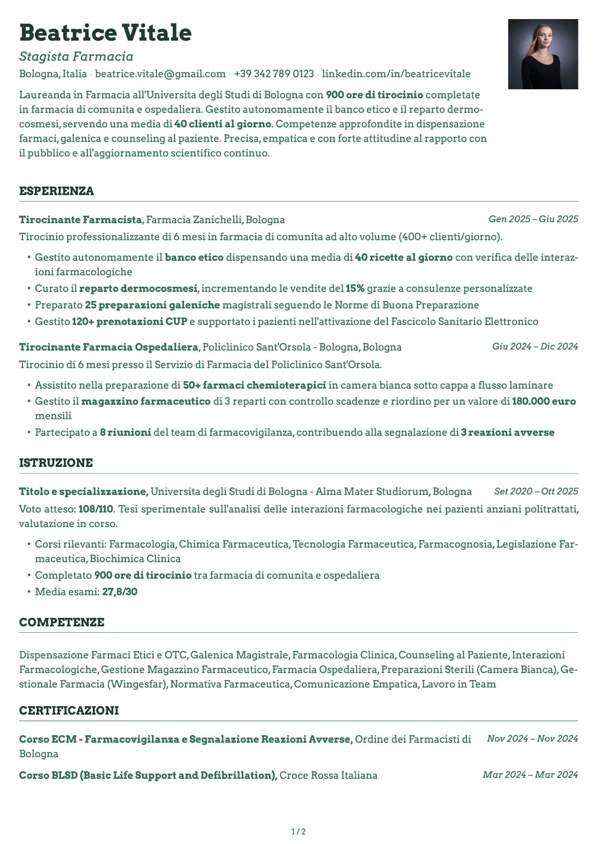 Stagista Farmacia resume example