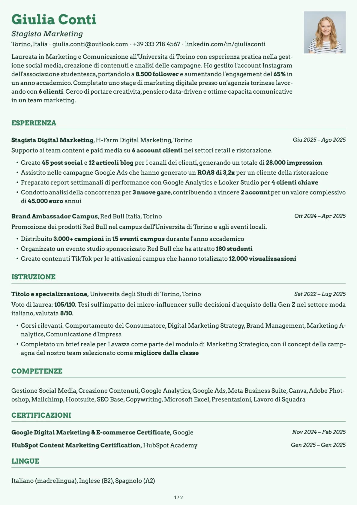 Stagista Marketing resume example