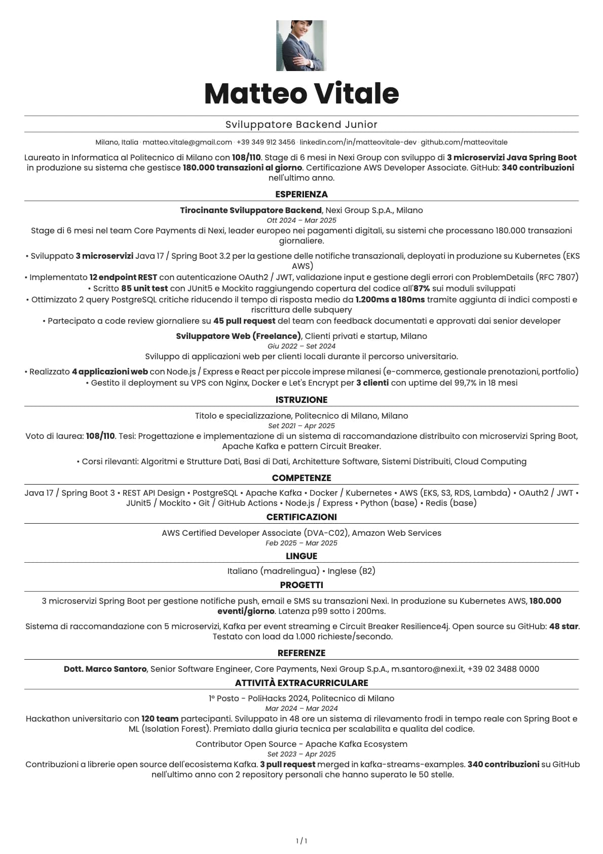 Sviluppatore Backend Junior resume example