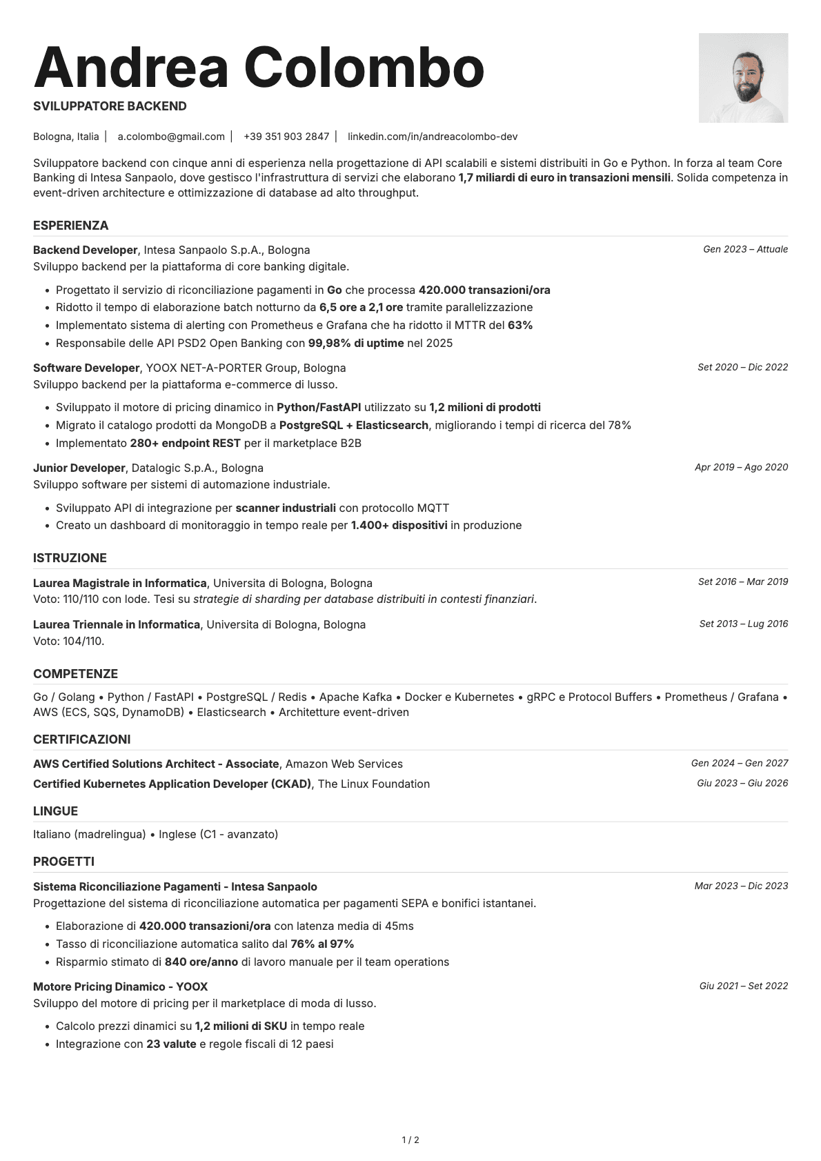 Sviluppatore Backend resume example