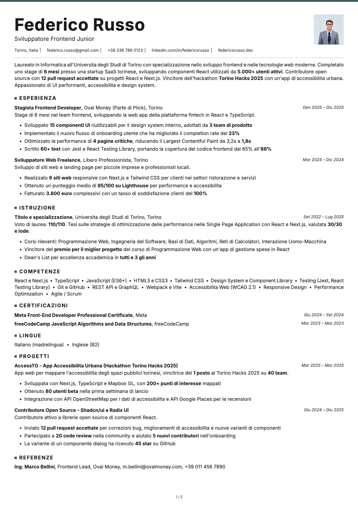 Sviluppatore Frontend Junior resume example