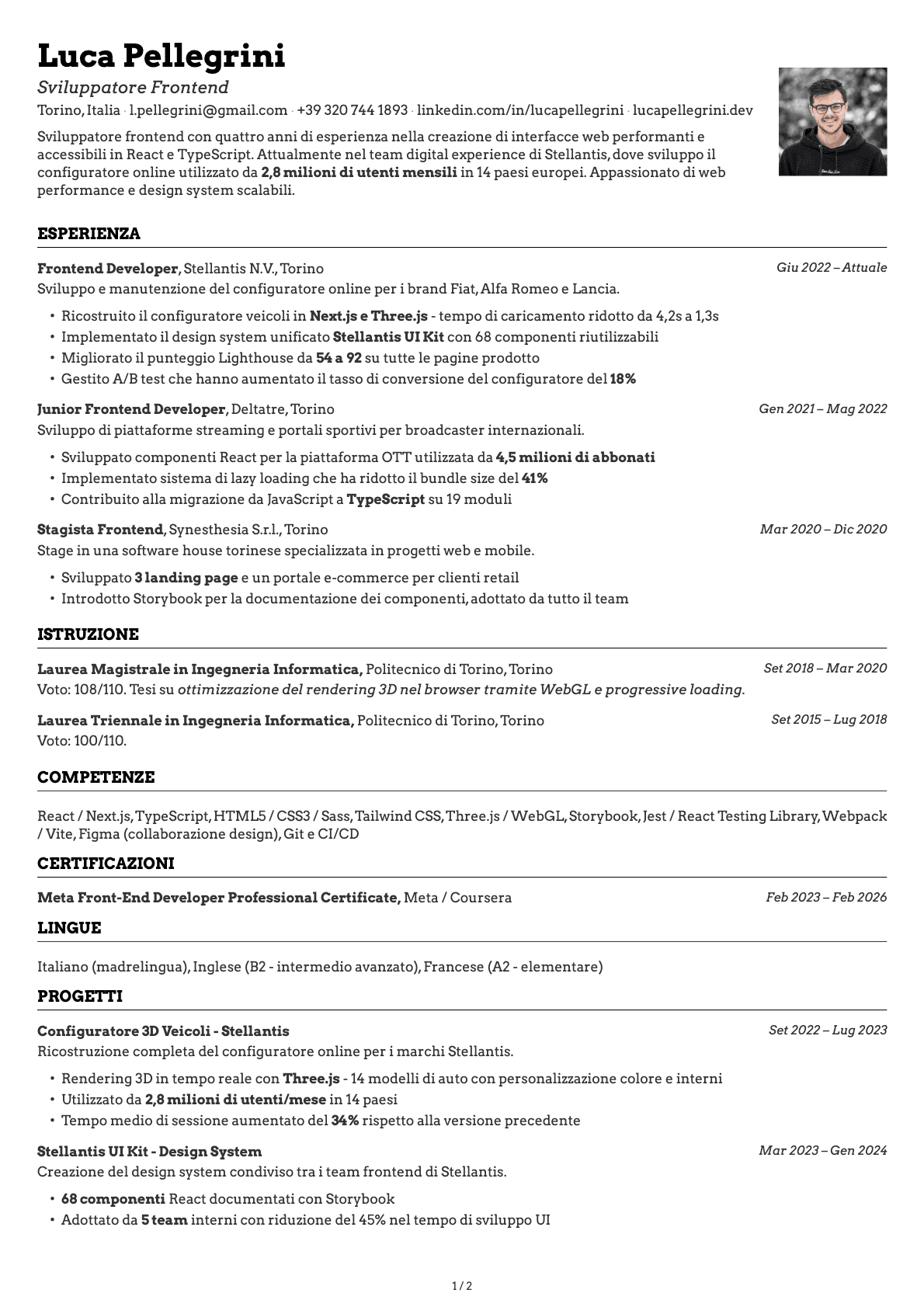 Sviluppatore Frontend resume example