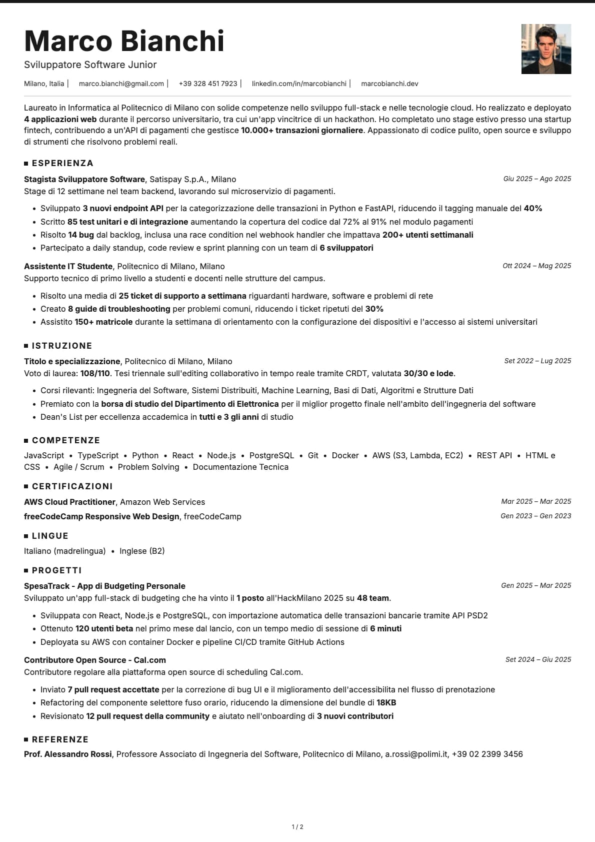 Sviluppatore Junior resume example