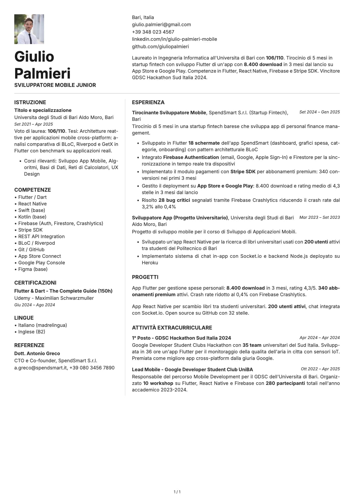 Sviluppatore Mobile Junior resume example