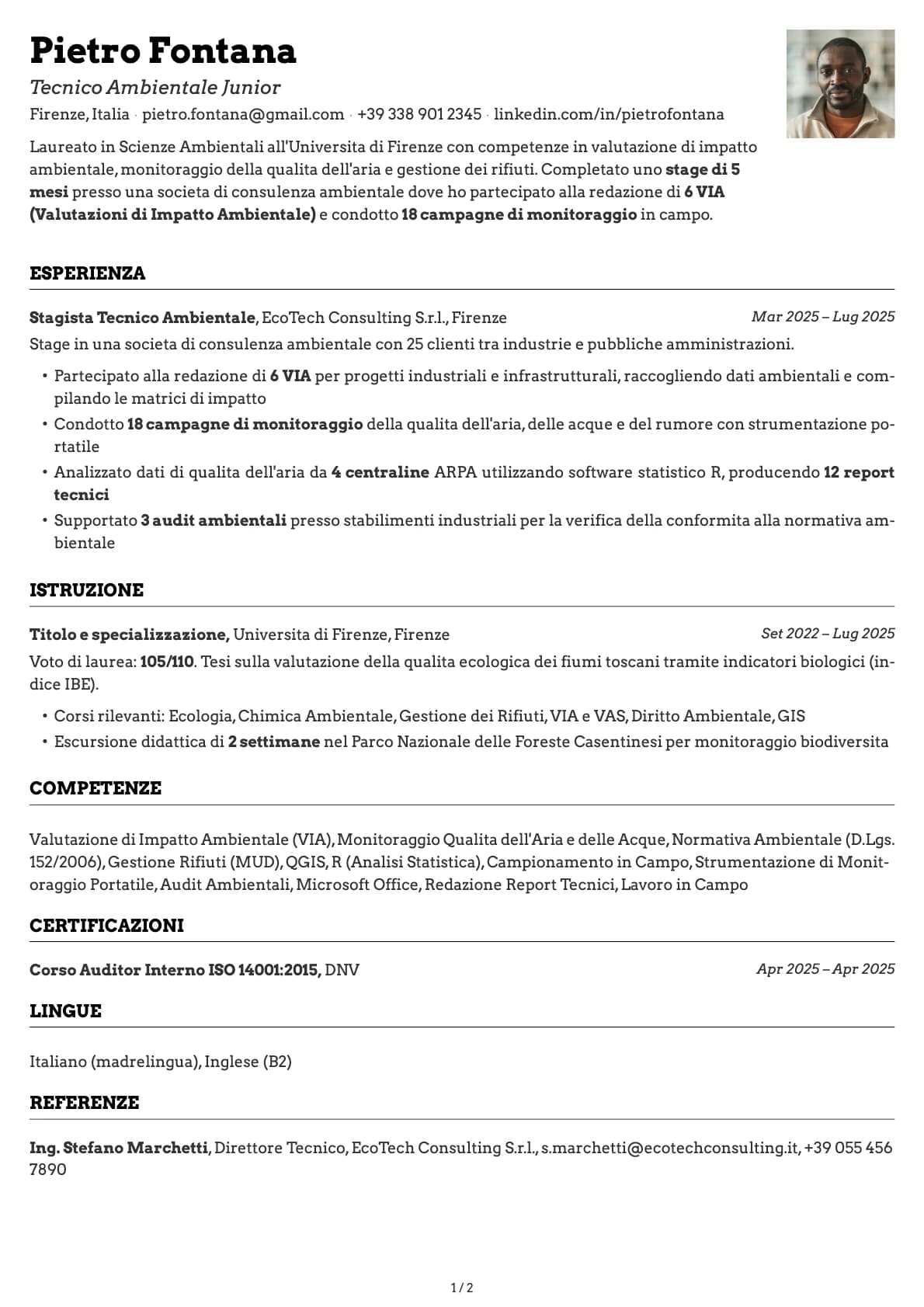 Tecnico Ambientale Junior resume example