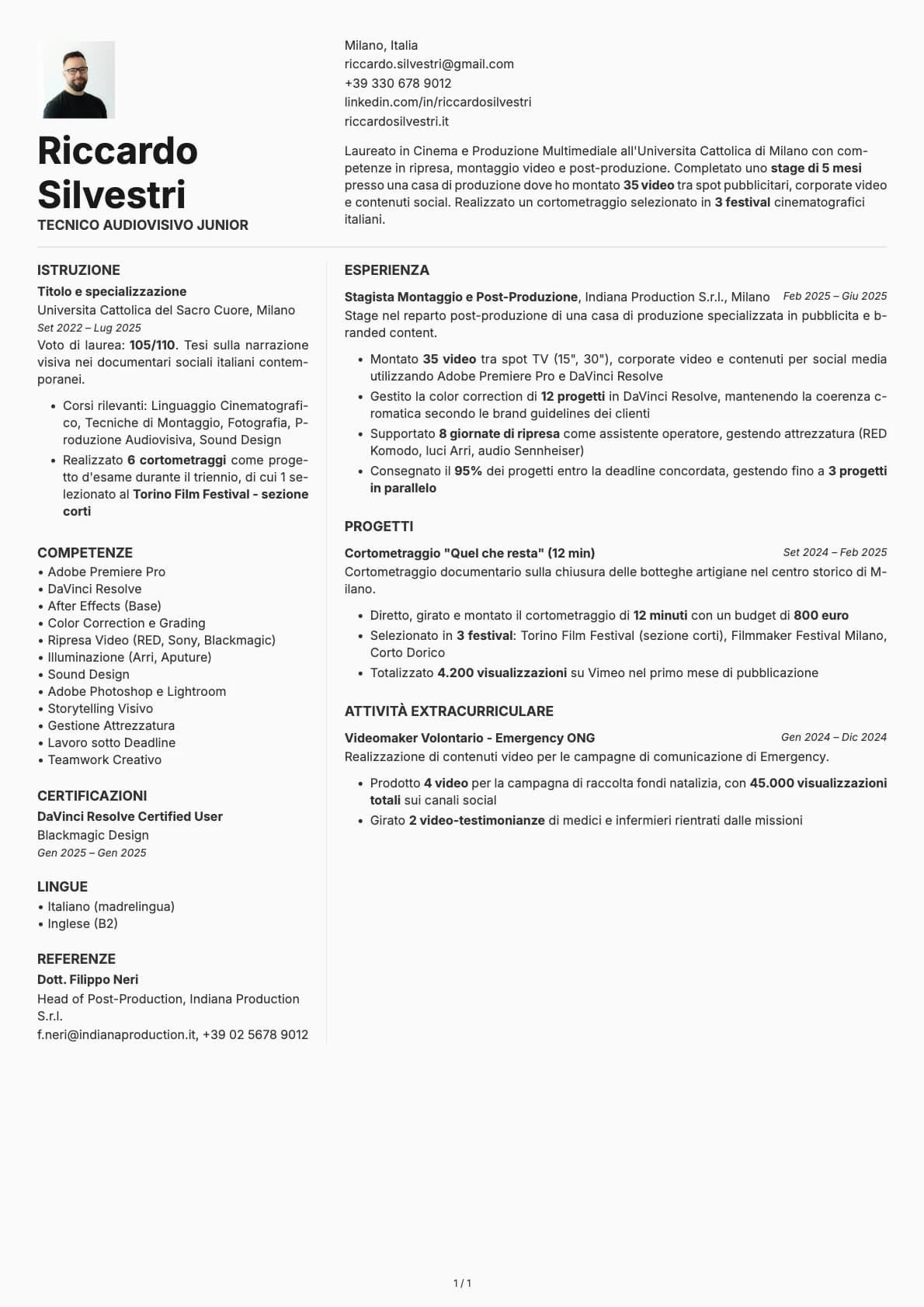 Tecnico Audiovisivo Junior resume example