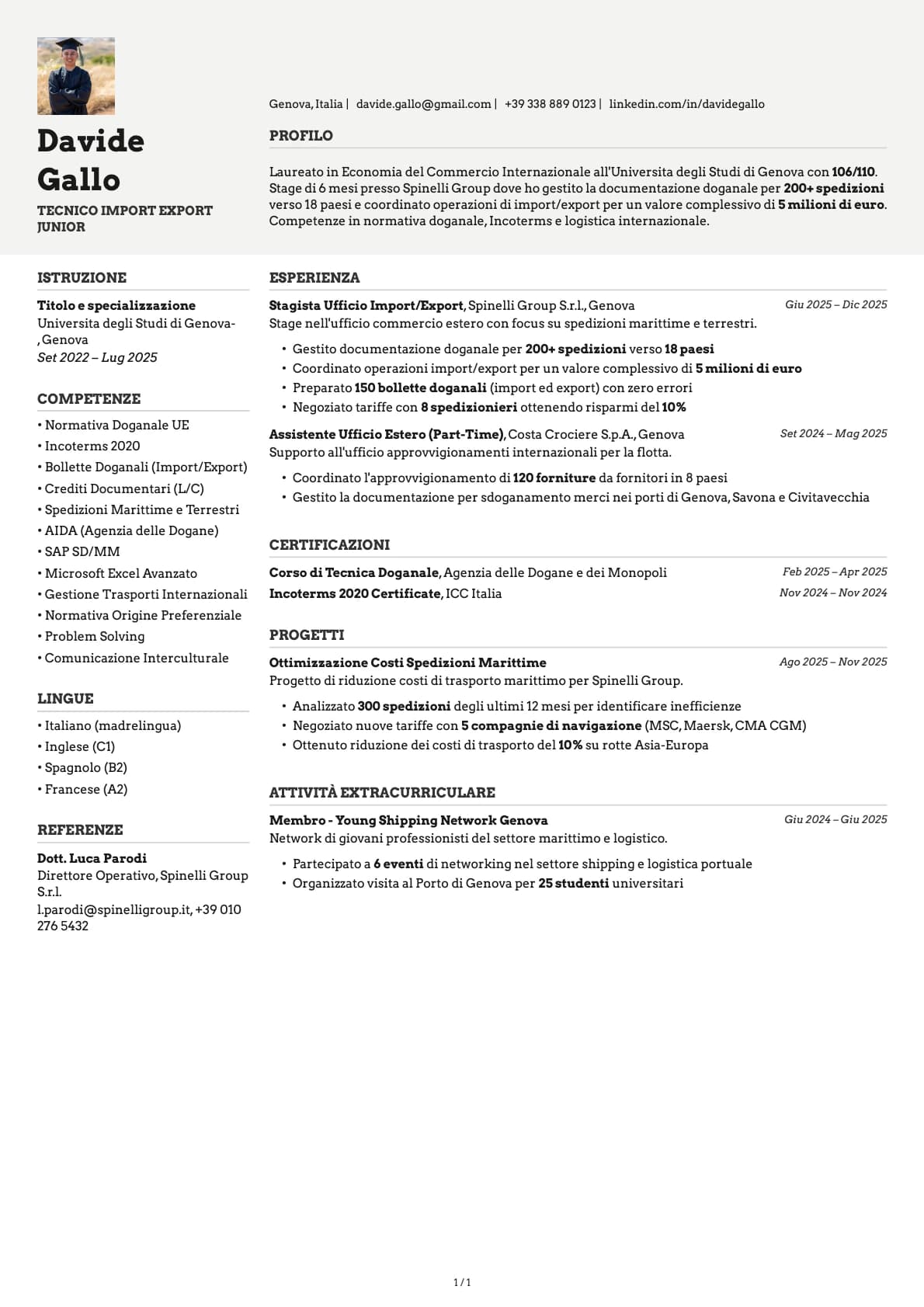 Tecnico Import Export Junior resume example