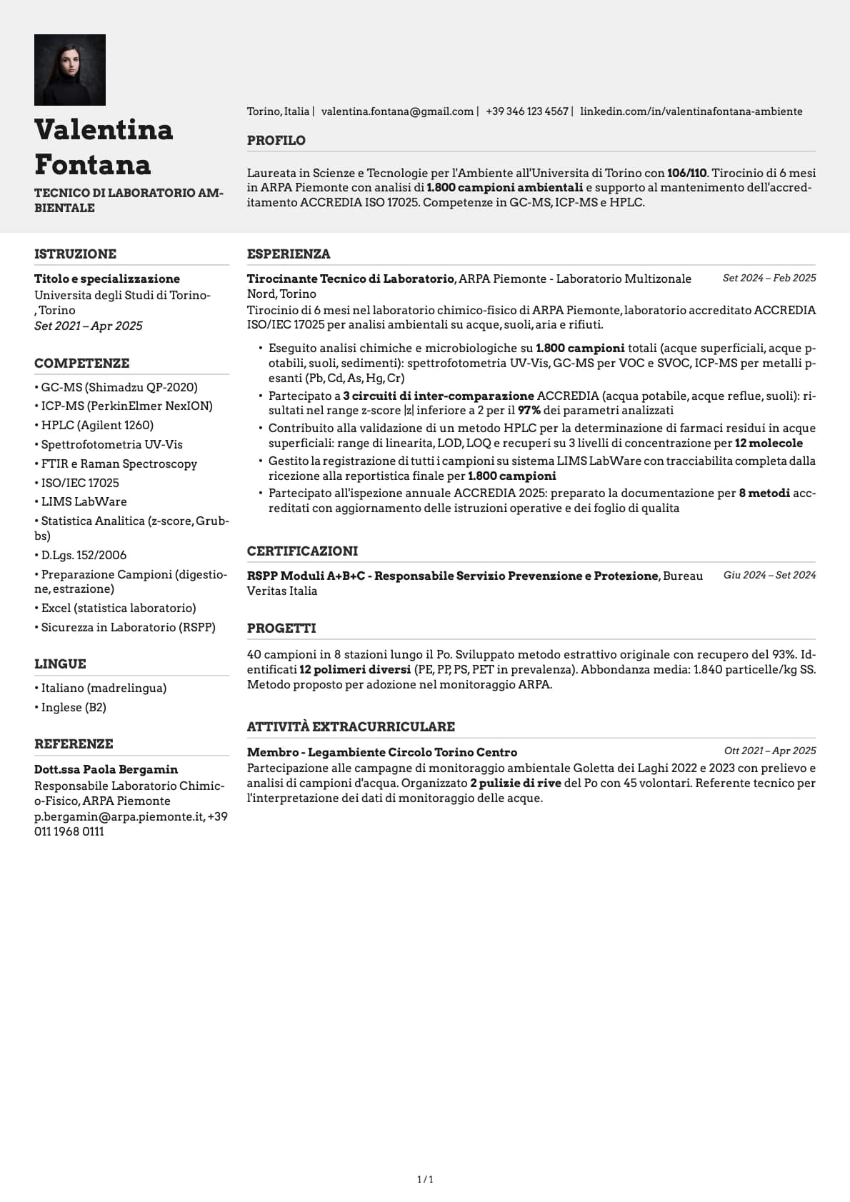 Tecnico di Laboratorio Ambientale resume example