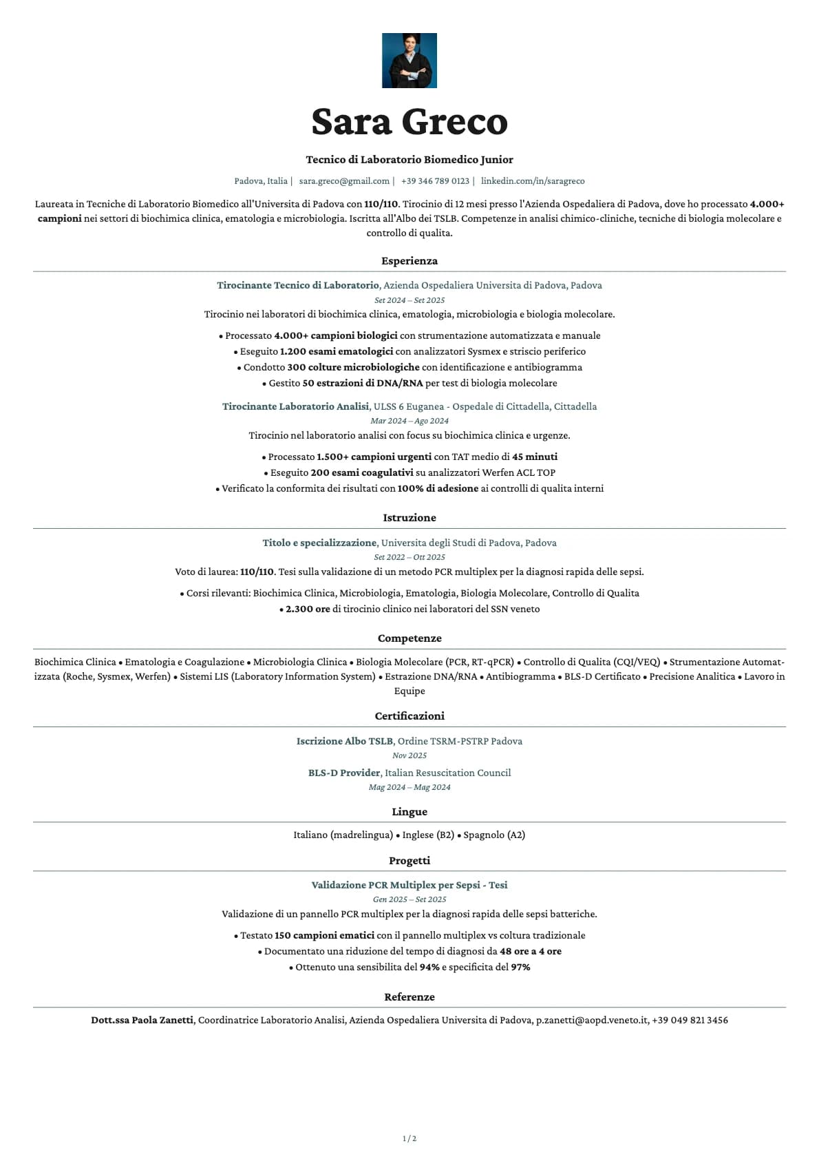 Tecnico di Laboratorio Biomedico Junior resume example