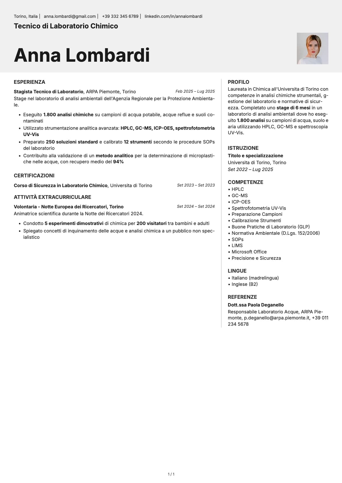 Tecnico di Laboratorio Chimico resume example