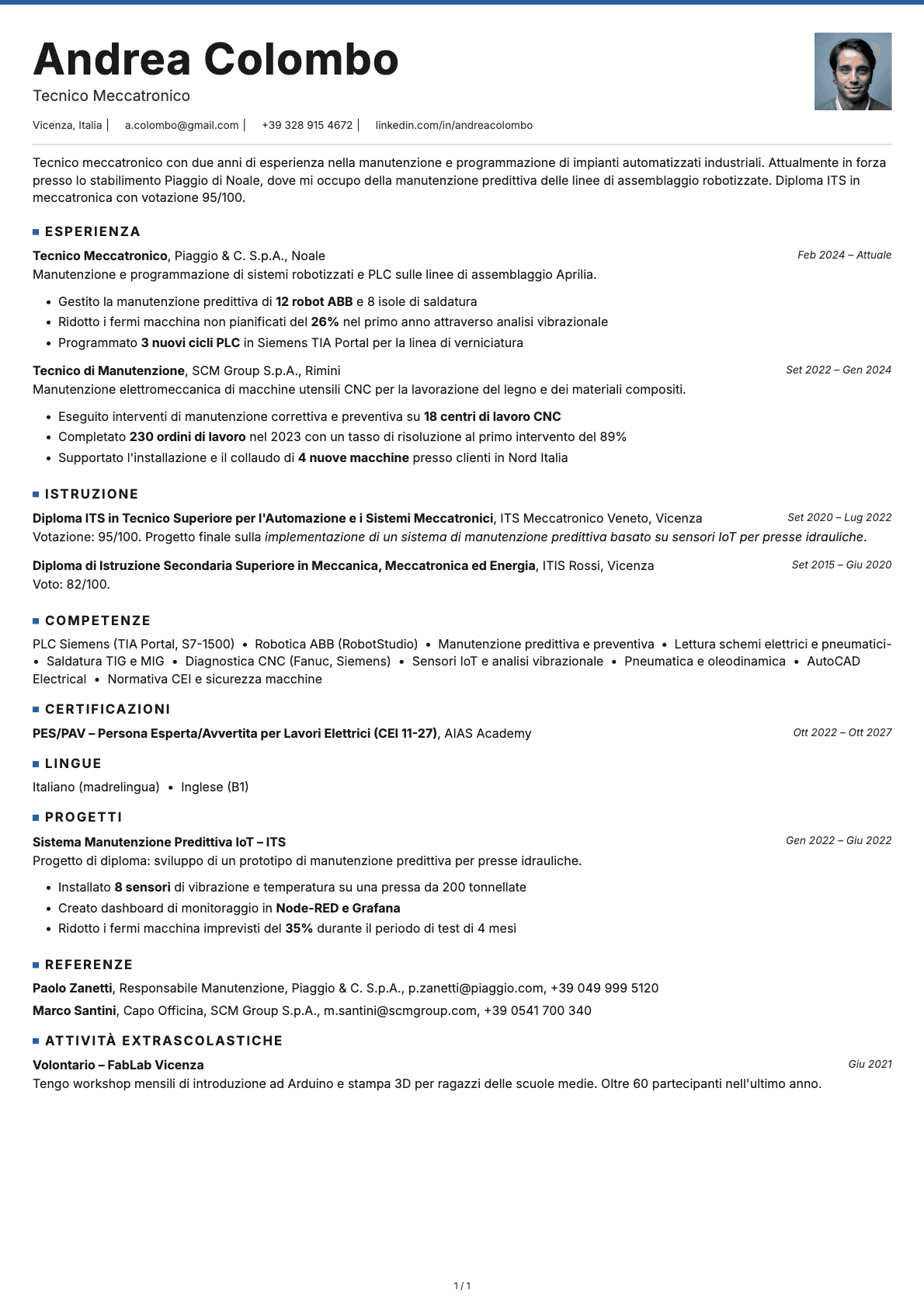 Tecnico Meccatronico resume example