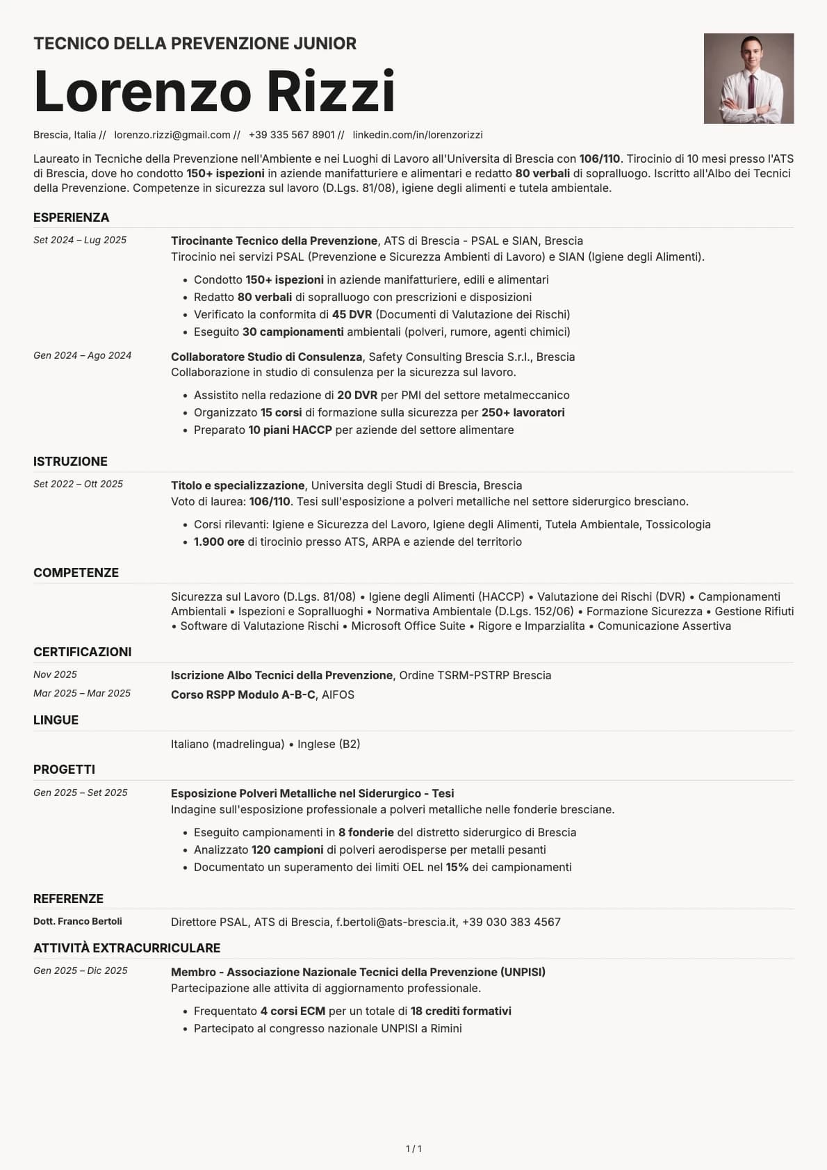 Tecnico della Prevenzione Junior resume example