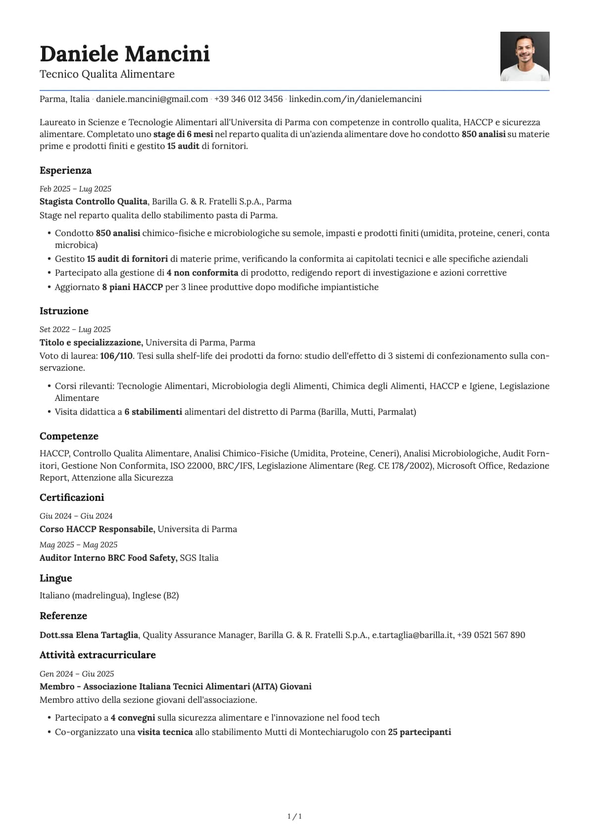 Tecnico Qualita Alimentare resume example