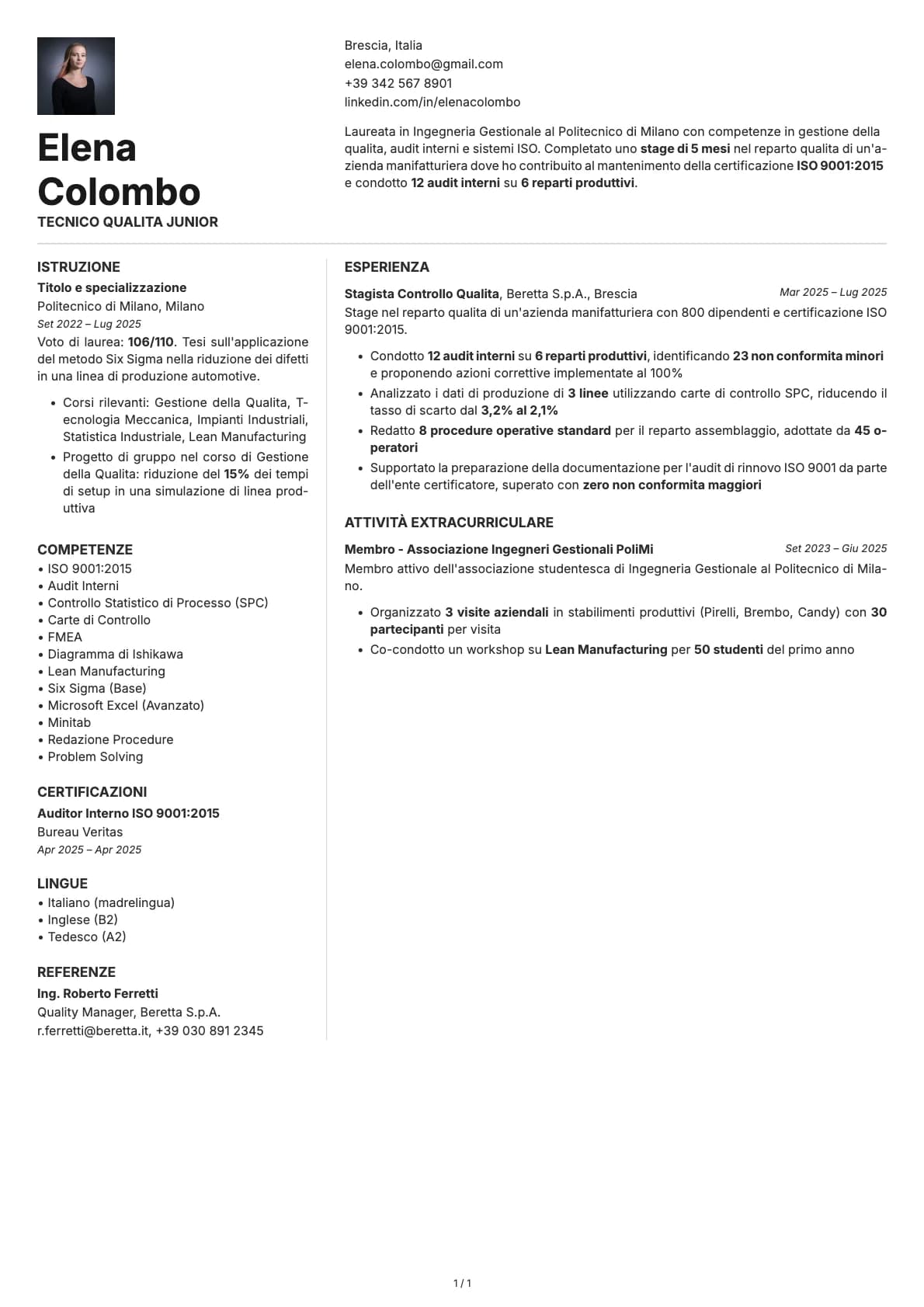 Tecnico Qualita Junior resume example