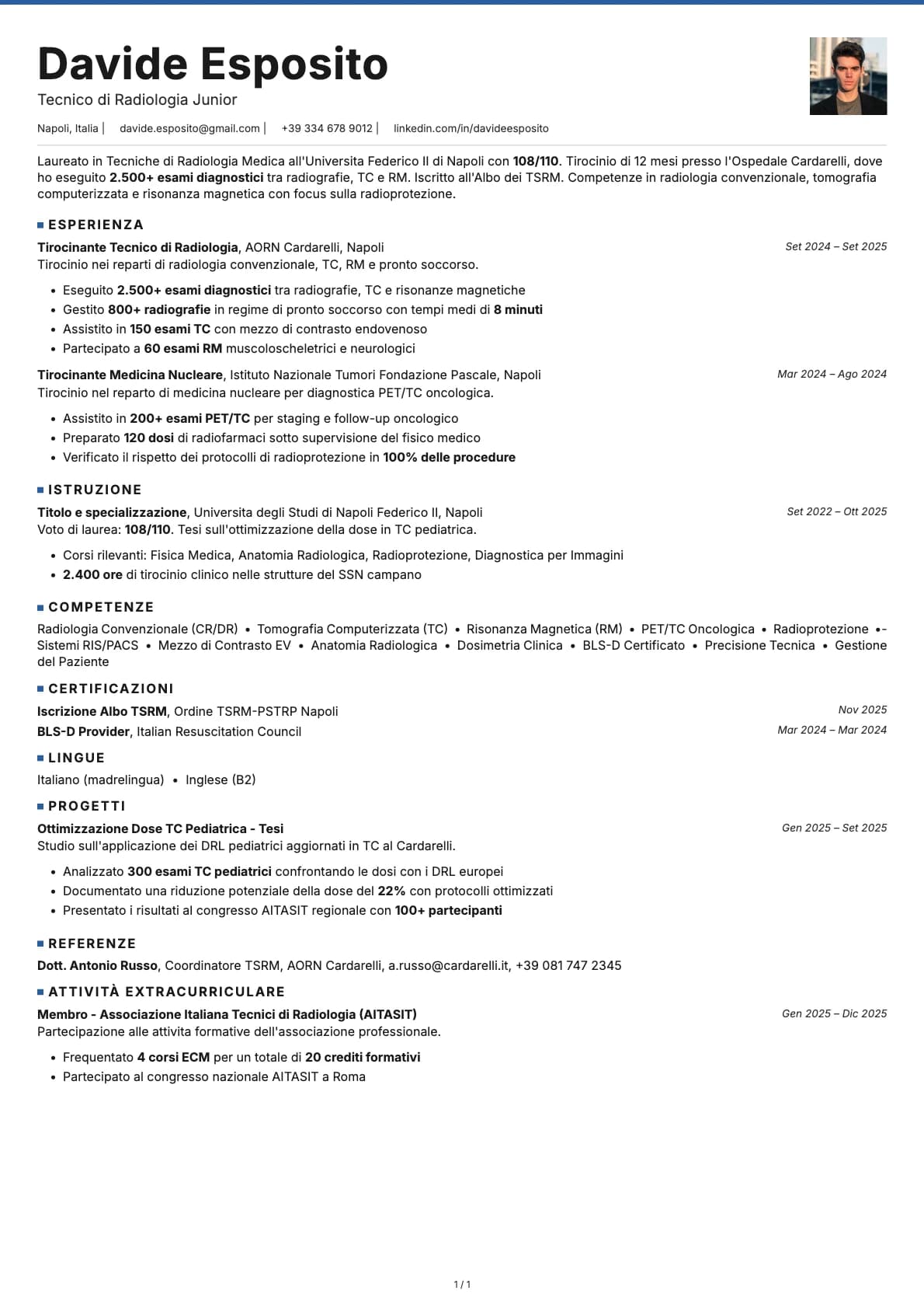 Tecnico di Radiologia Junior resume example