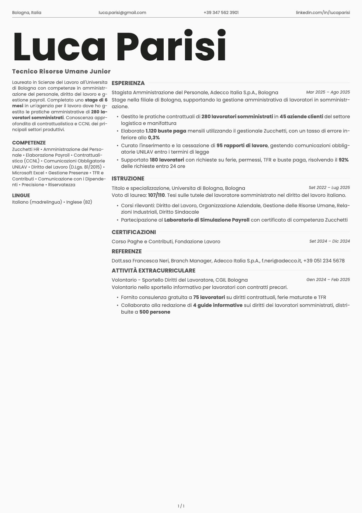 Tecnico Risorse Umane Junior resume example