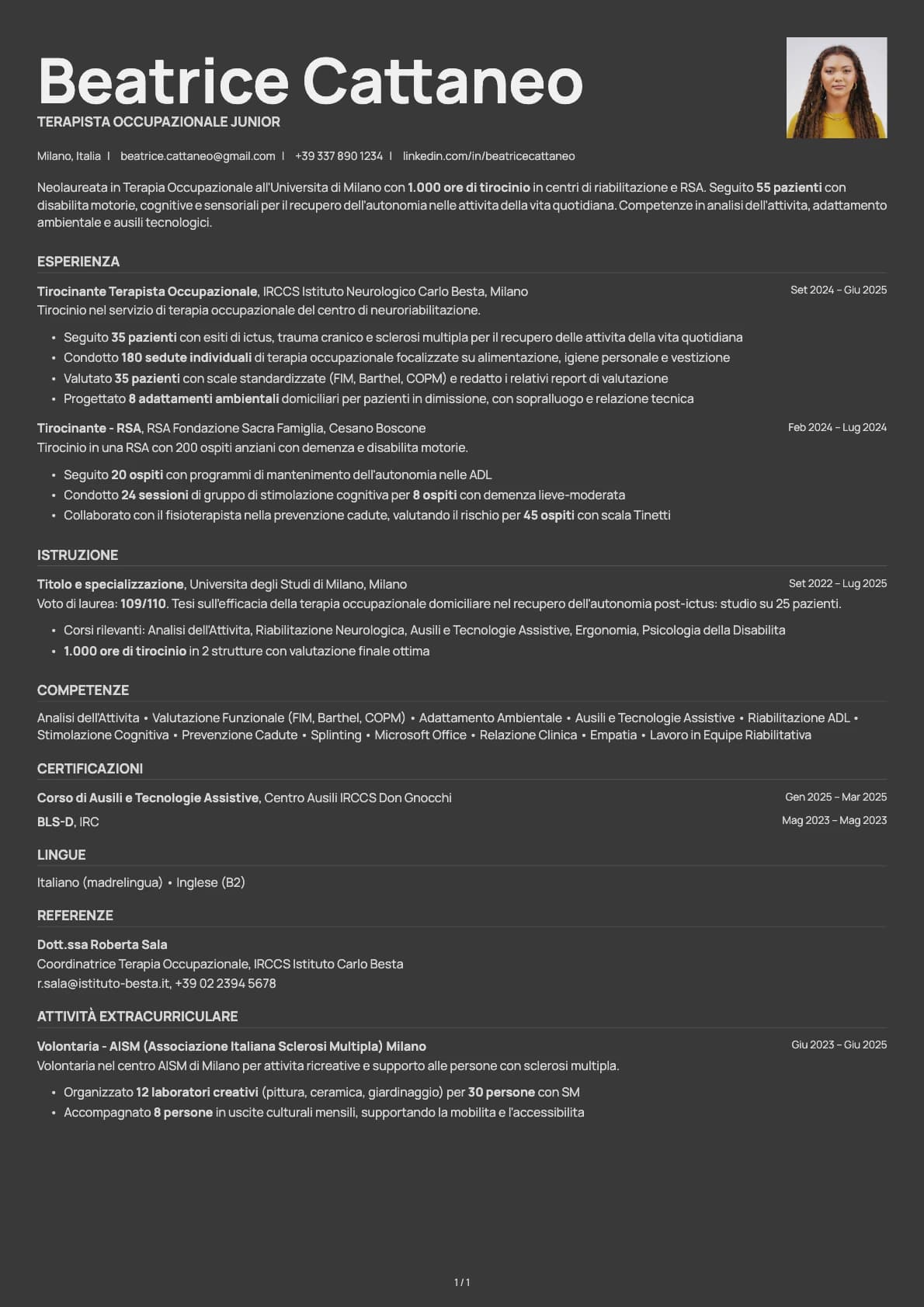 Terapista Occupazionale Junior resume example