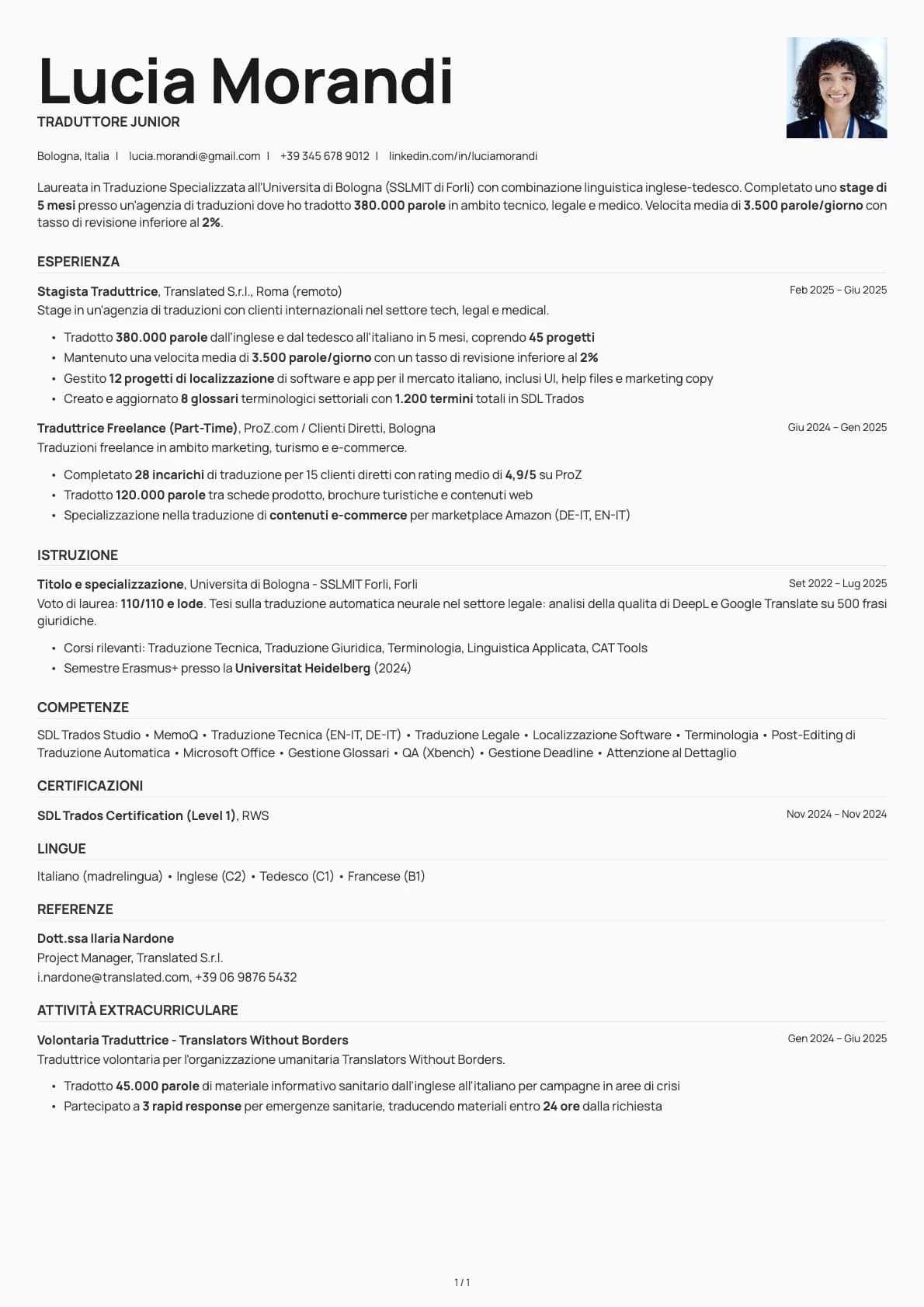 Traduttore Junior resume example